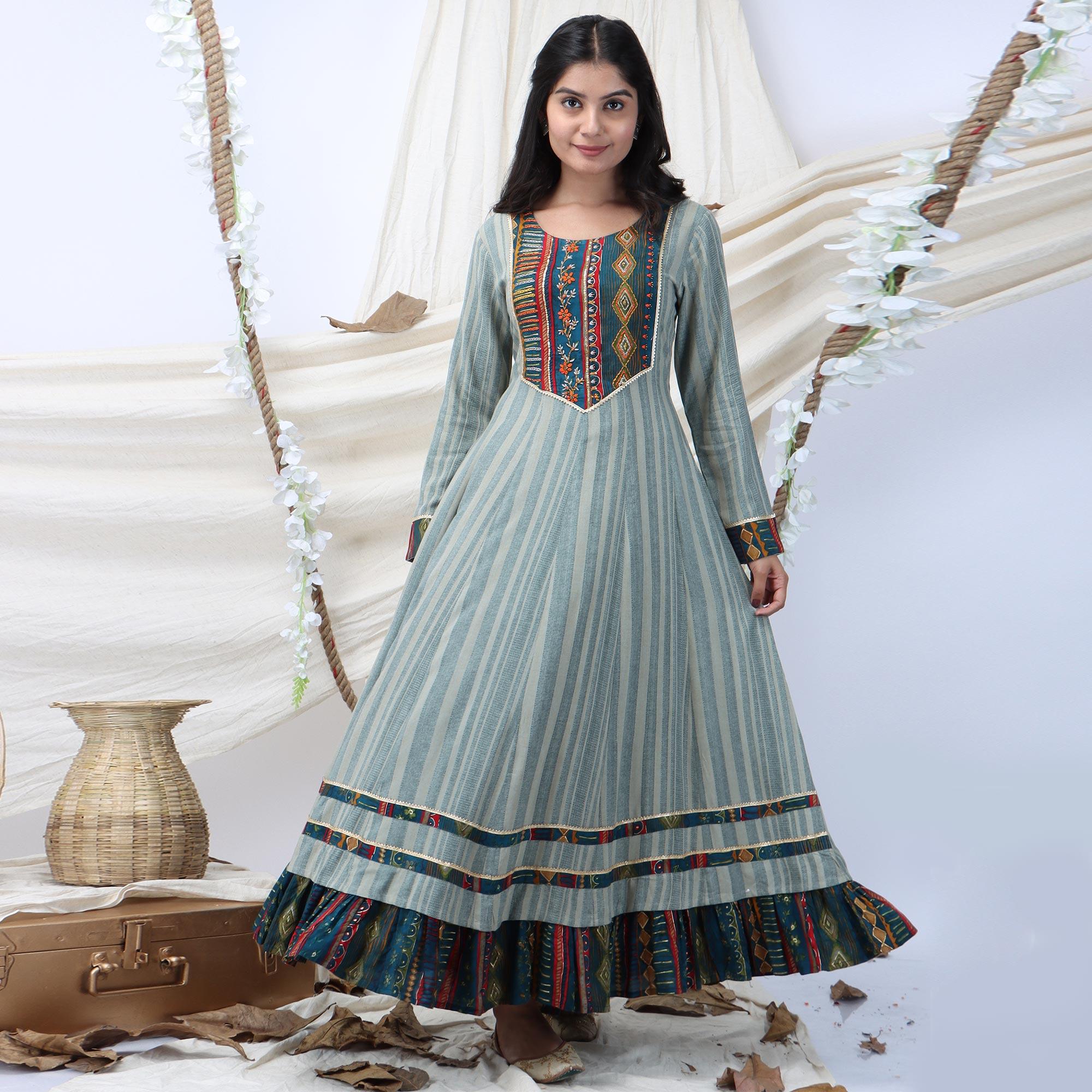 Grey Casual Wear Stripes Printed Rayon Long Kurti - Peachmode
