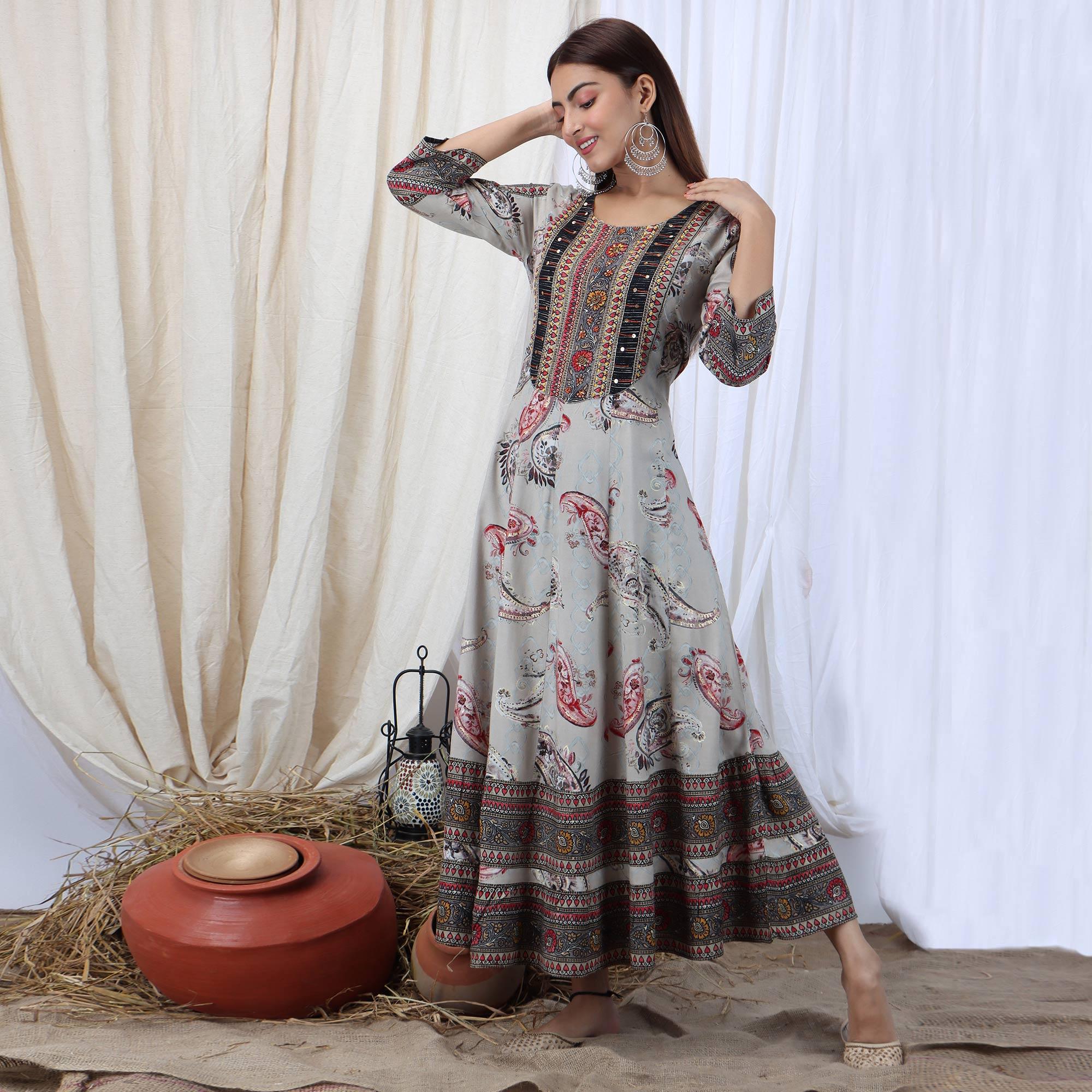 Grey Casual Wear Stripes Printed Rayon Long Kurti - Peachmode