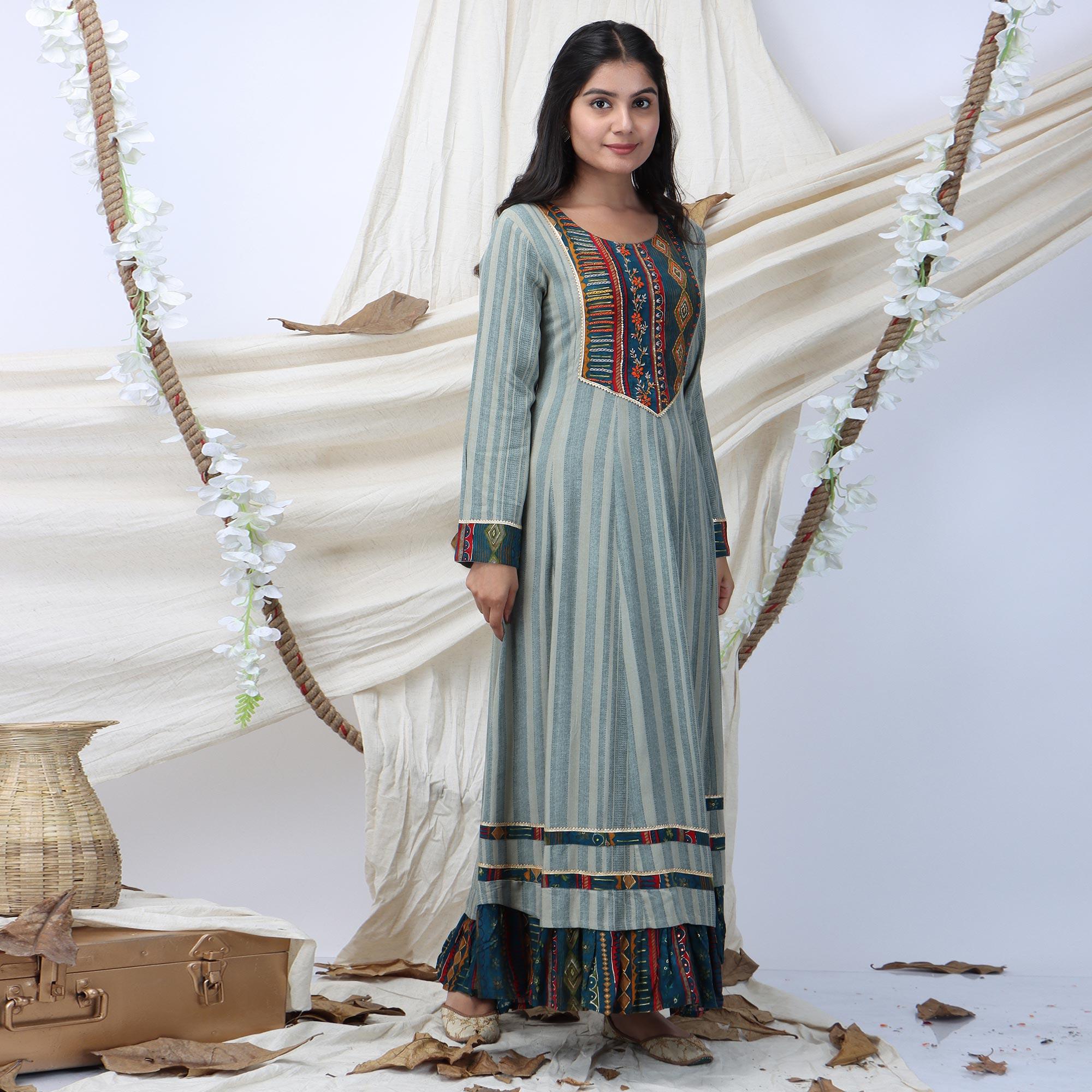 Grey Casual Wear Stripes Printed Rayon Long Kurti - Peachmode