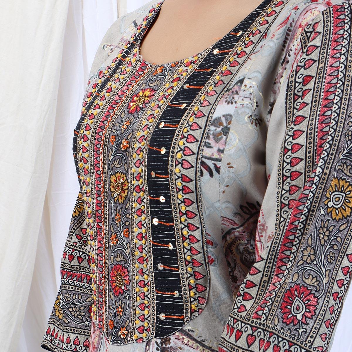 Grey Casual Wear Stripes Printed Rayon Long Kurti - Peachmode