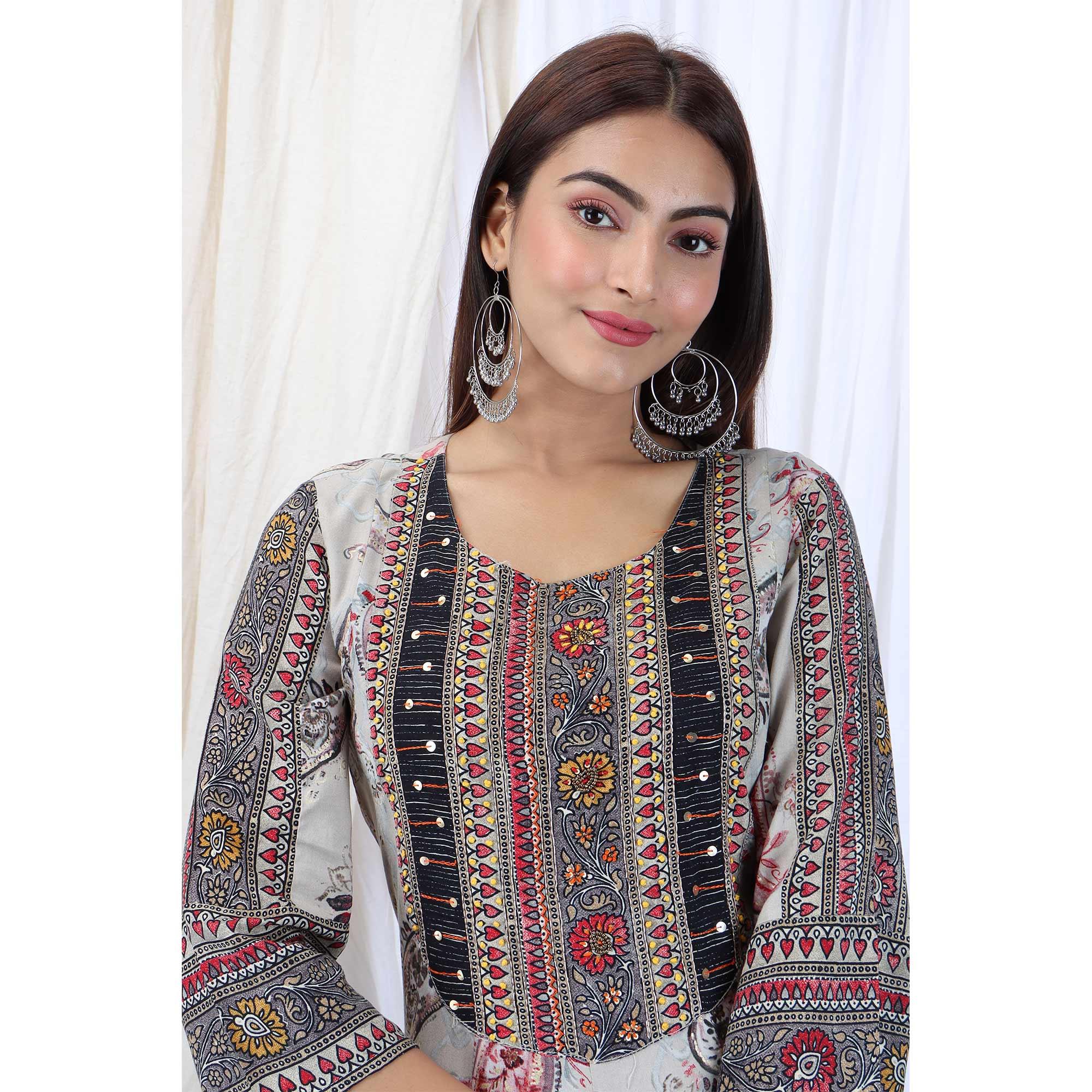 Grey Casual Wear Stripes Printed Rayon Long Kurti - Peachmode