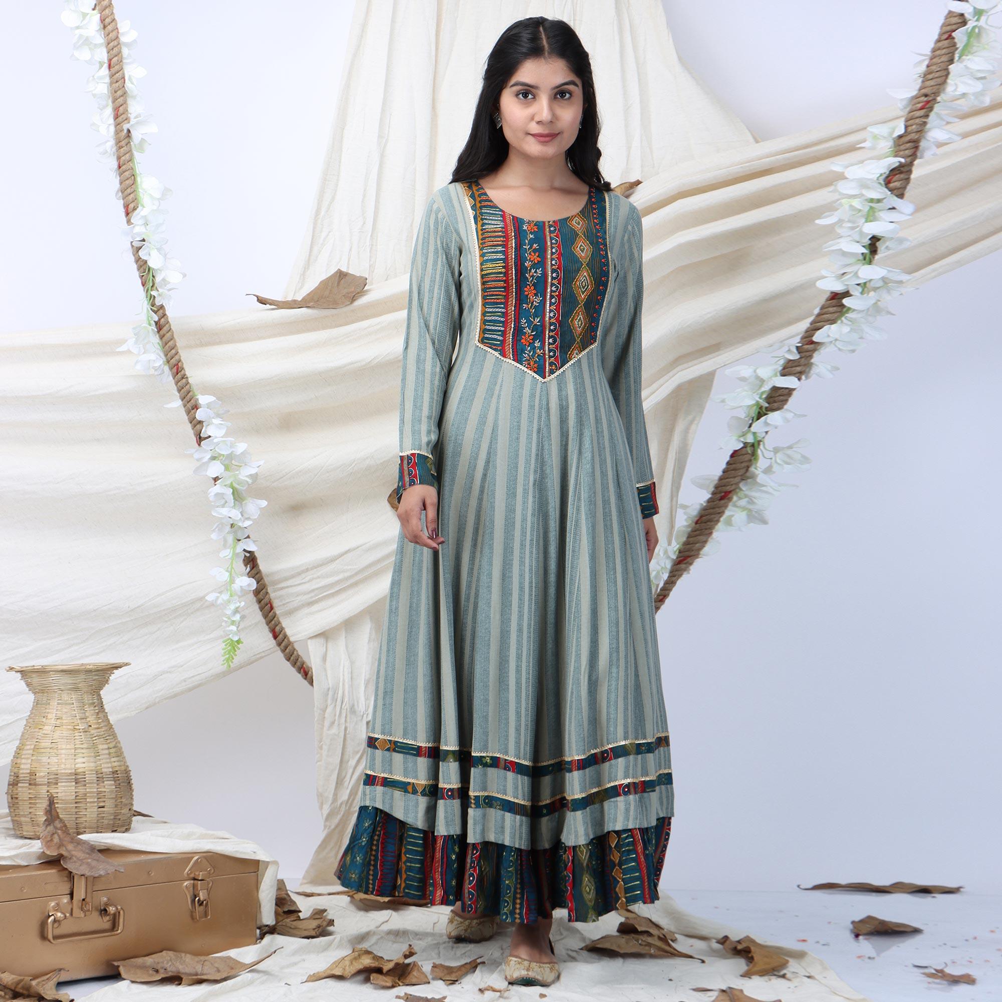 Grey Casual Wear Stripes Printed Rayon Long Kurti - Peachmode