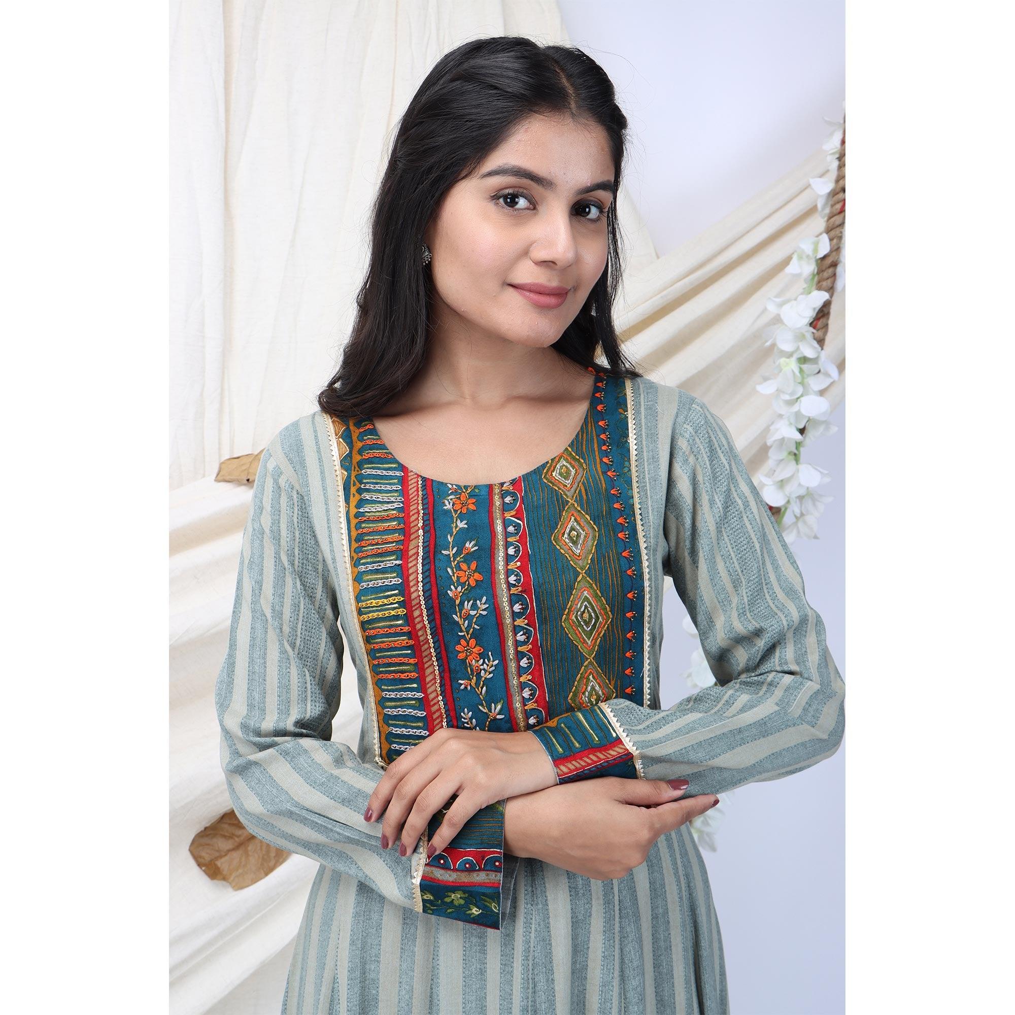 Grey Casual Wear Stripes Printed Rayon Long Kurti - Peachmode