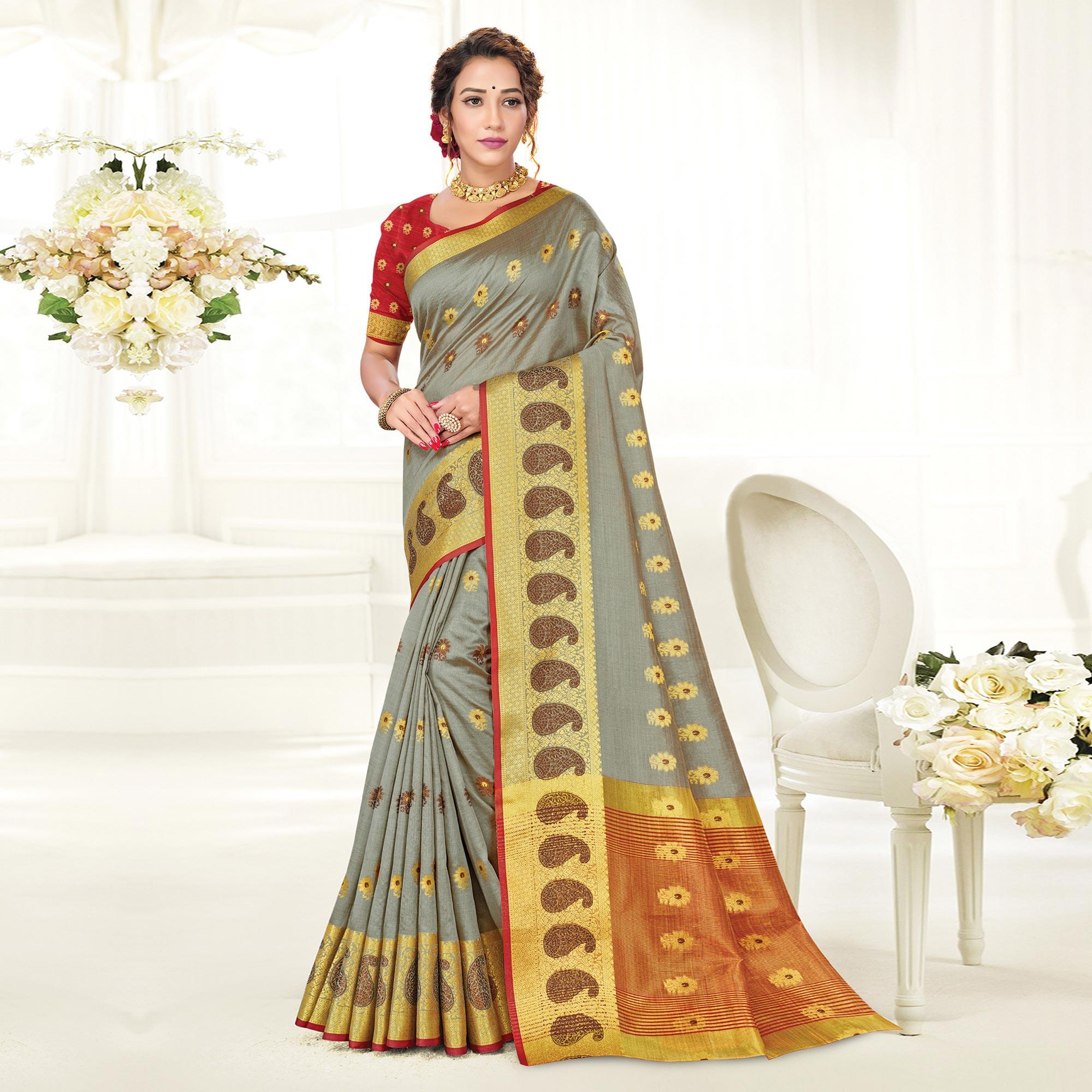 Grey Casual Wear Woven Cotton Handloom Saree - Peachmode