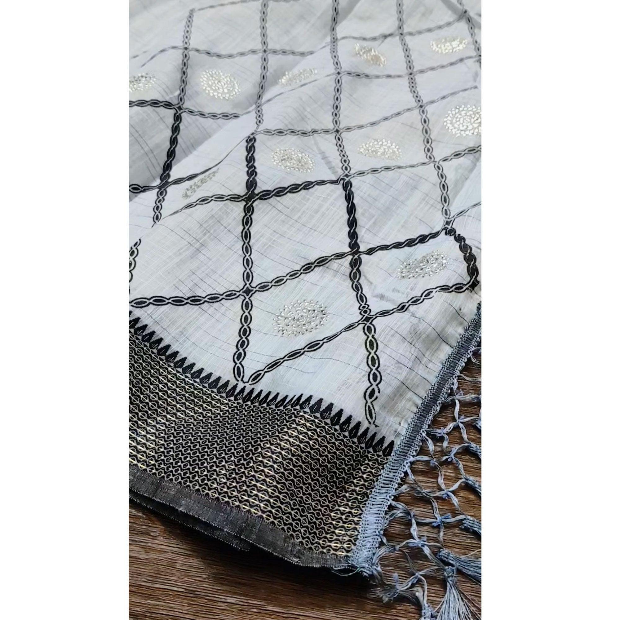 Grey Casual Wear Woven Cotton Saree With Mukaish Work - Peachmode