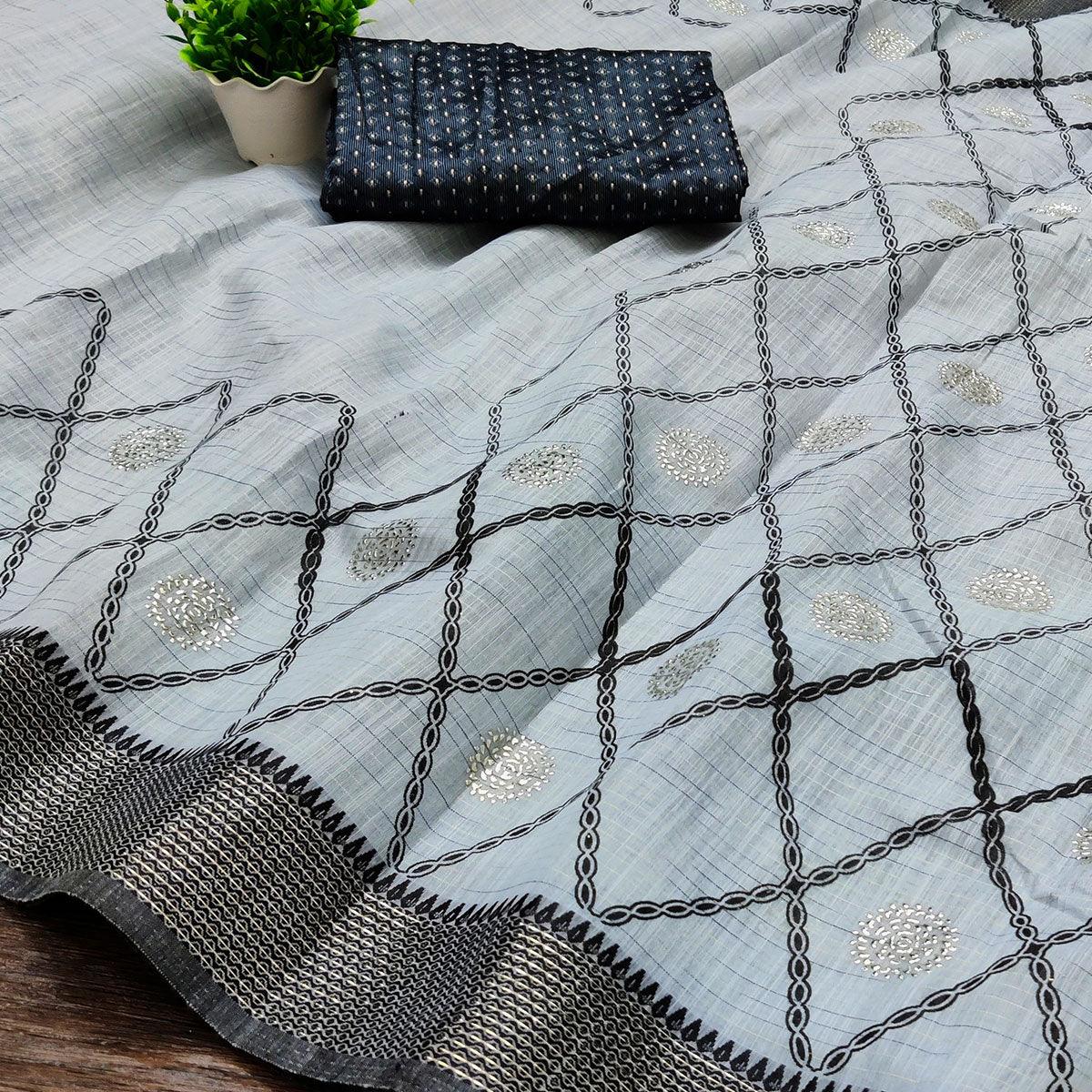 Grey Casual Wear Woven Cotton Saree With Mukaish Work - Peachmode