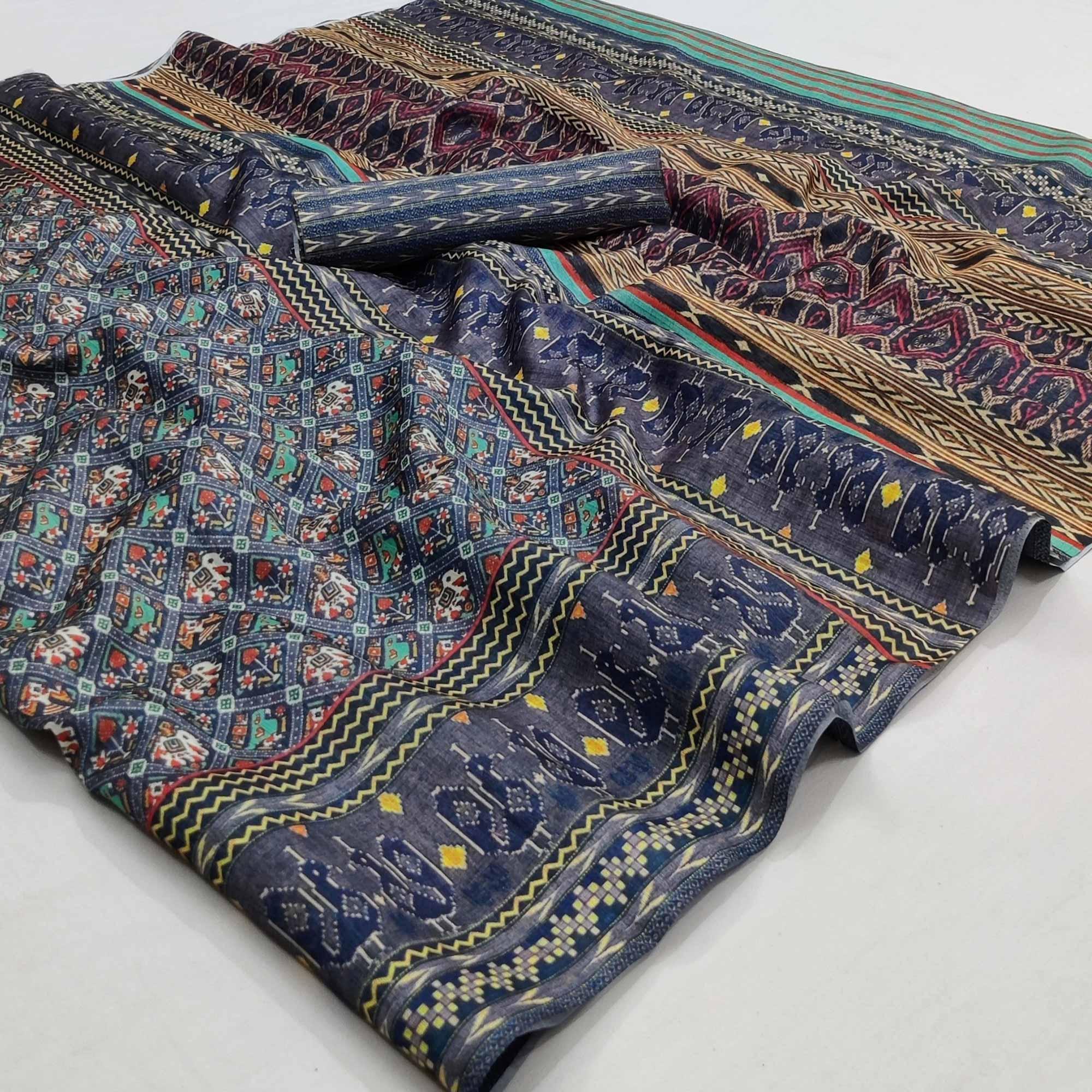 Grey Checked  Printed Pure Cotton Saree - Peachmode