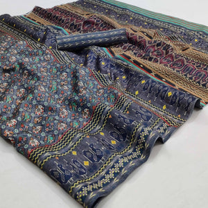 Grey Checked  Printed Pure Cotton Saree - Peachmode