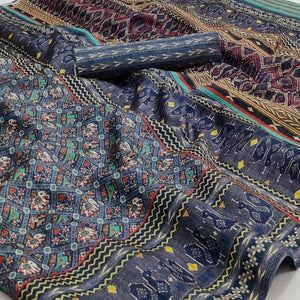 Grey Checked  Printed Pure Cotton Saree - Peachmode