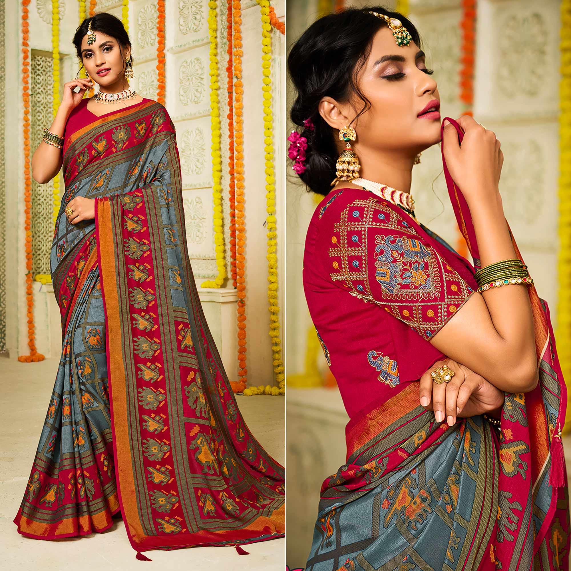 Grey Checks Printed Brasso Saree With Tassels - Peachmode