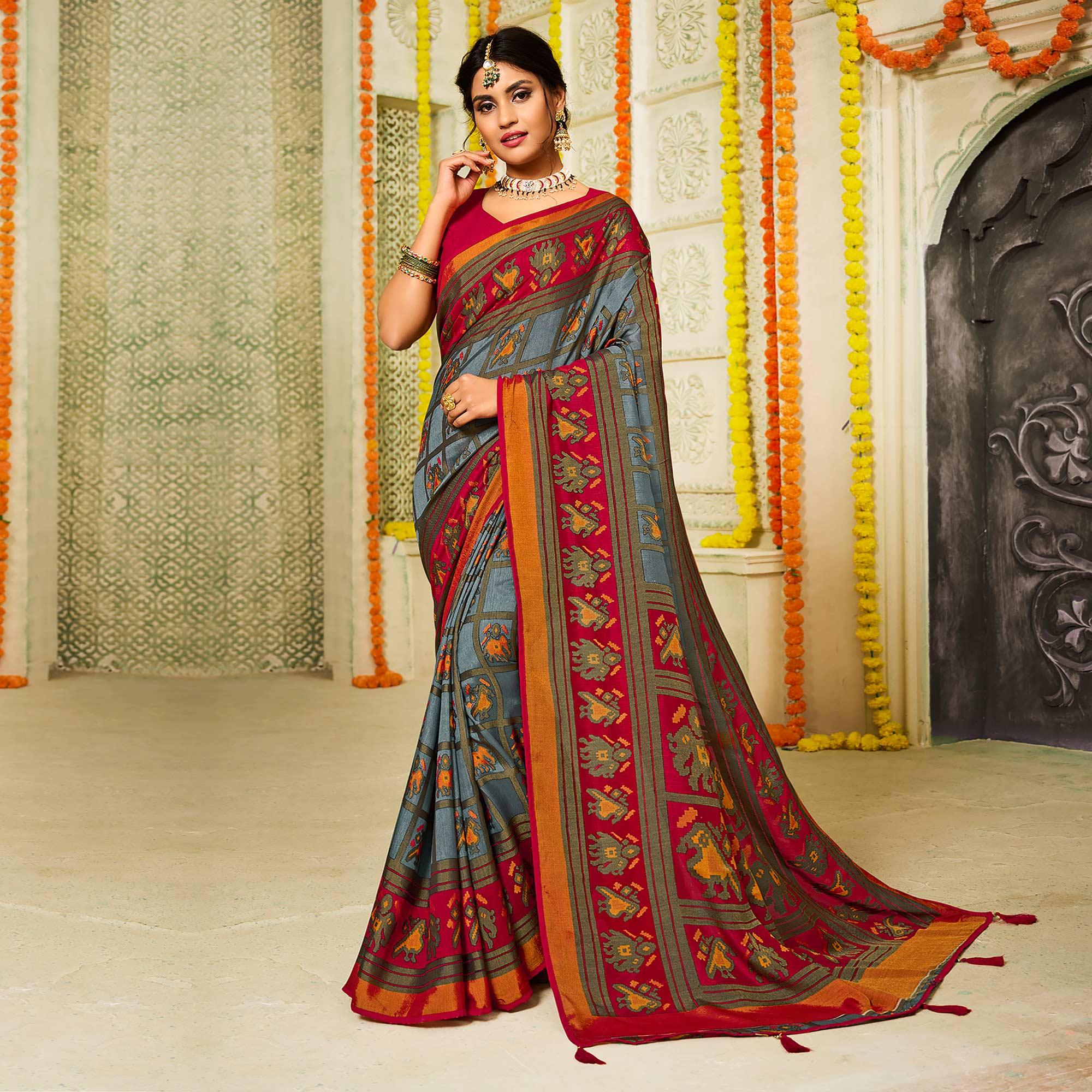 Grey Checks Printed Brasso Saree With Tassels - Peachmode