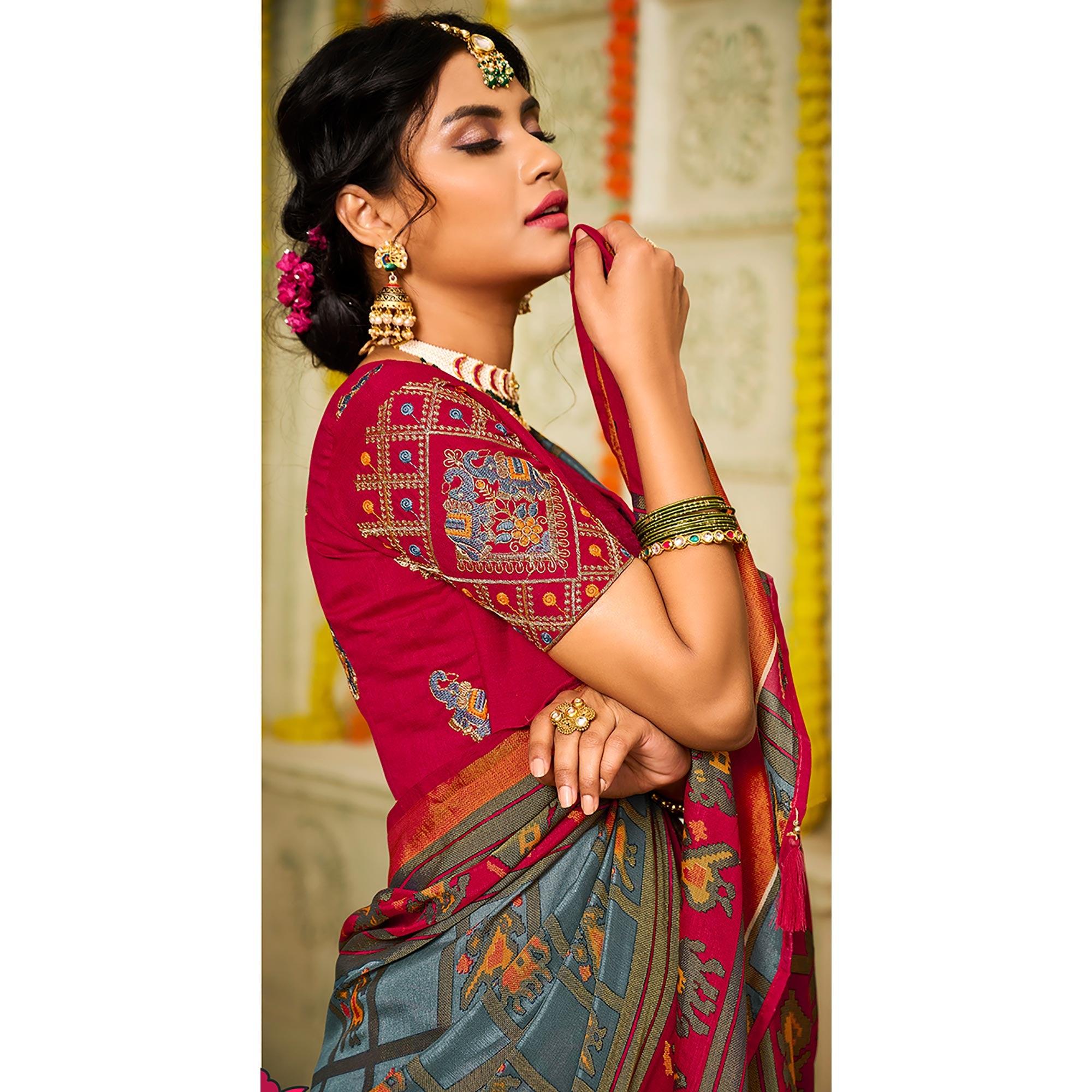 Grey Checks Printed Brasso Saree With Tassels - Peachmode