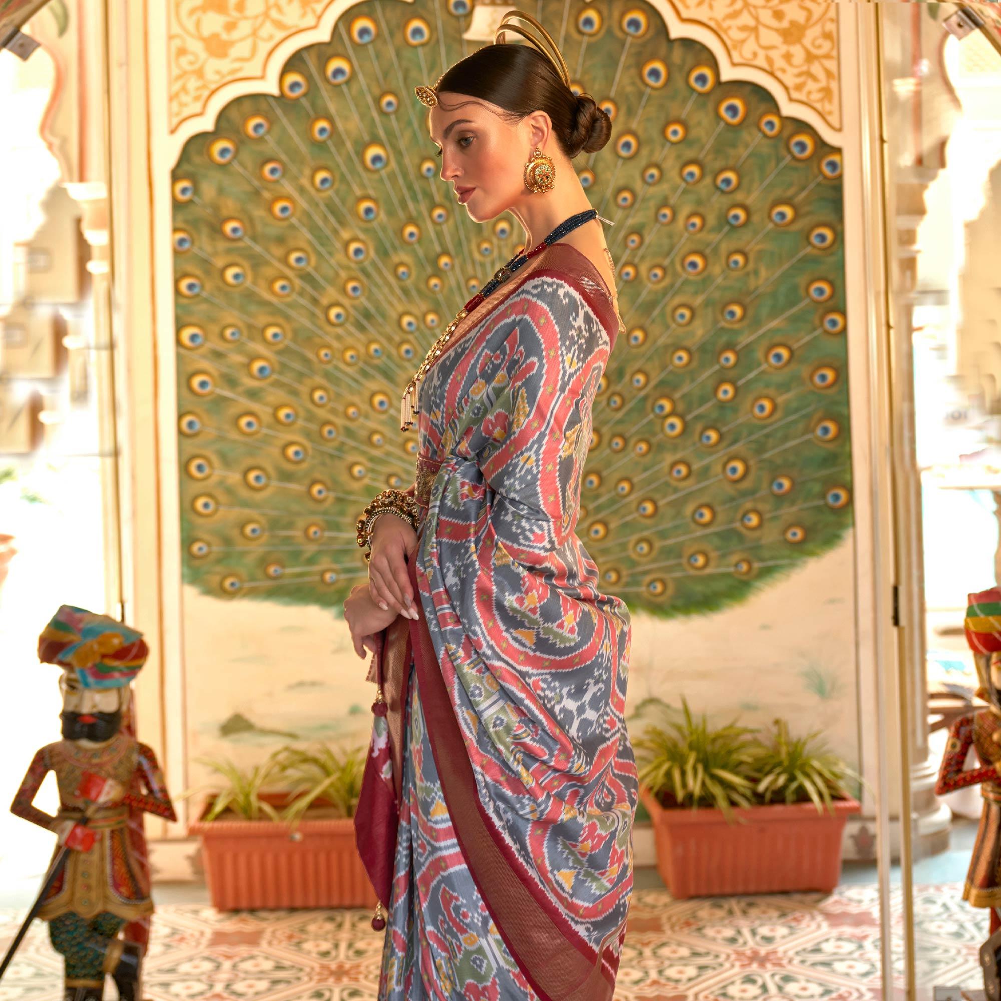 Grey Digital Patola Printed Silk Saree - Peachmode