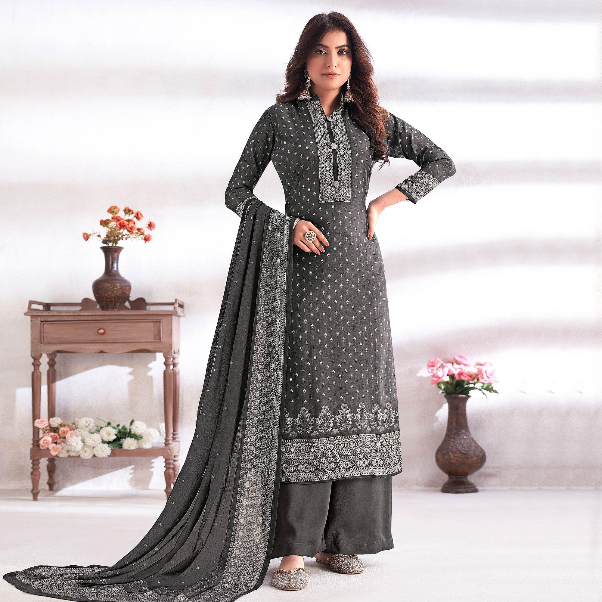 Grey Digital Printed & Hand Work Cotton Silk Suit - Peachmode
