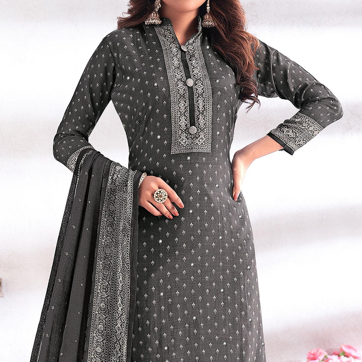 Grey Digital Printed & Hand Work Cotton Silk Suit - Peachmode