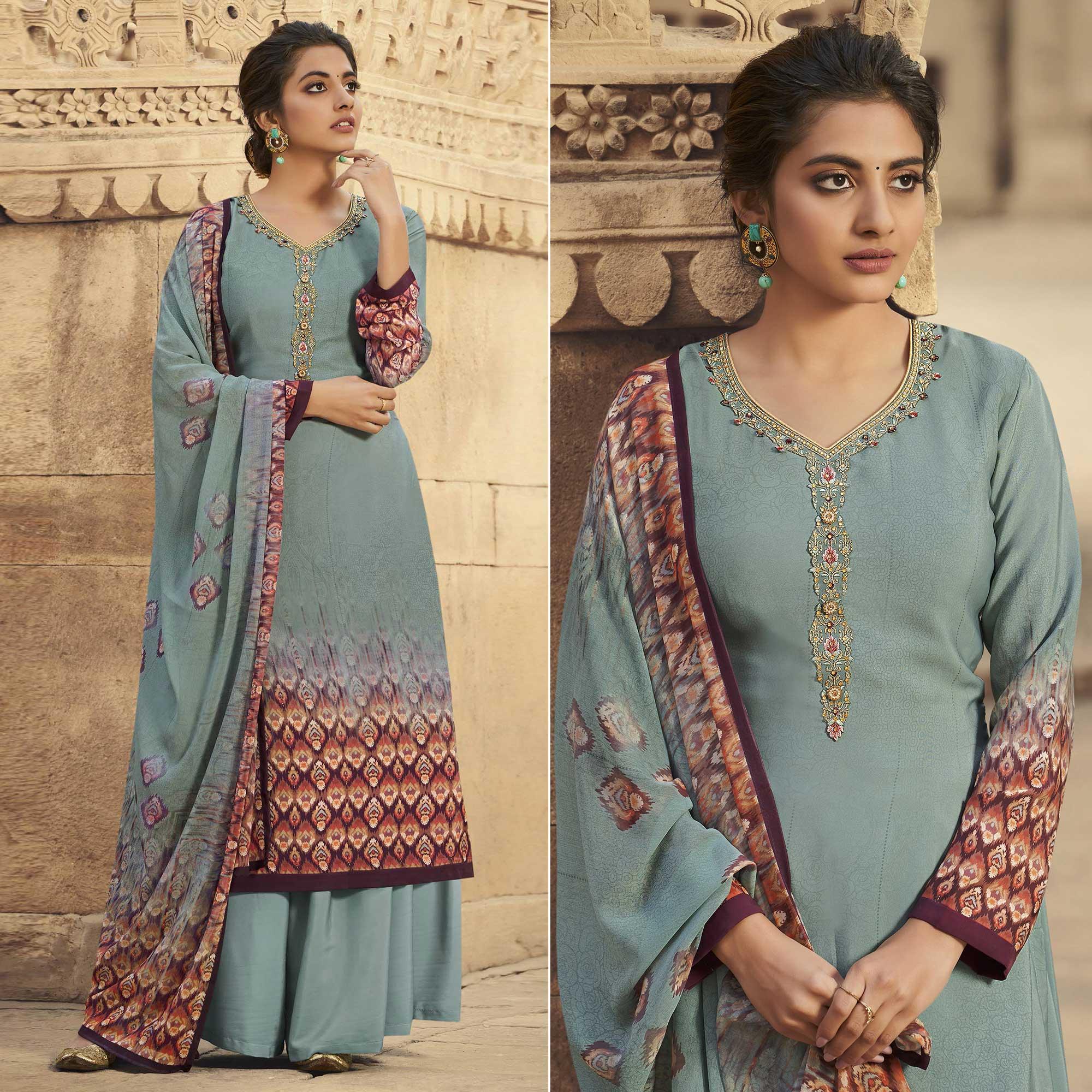 Grey Digital Printed Art Silk Palazzo Suit - Peachmode