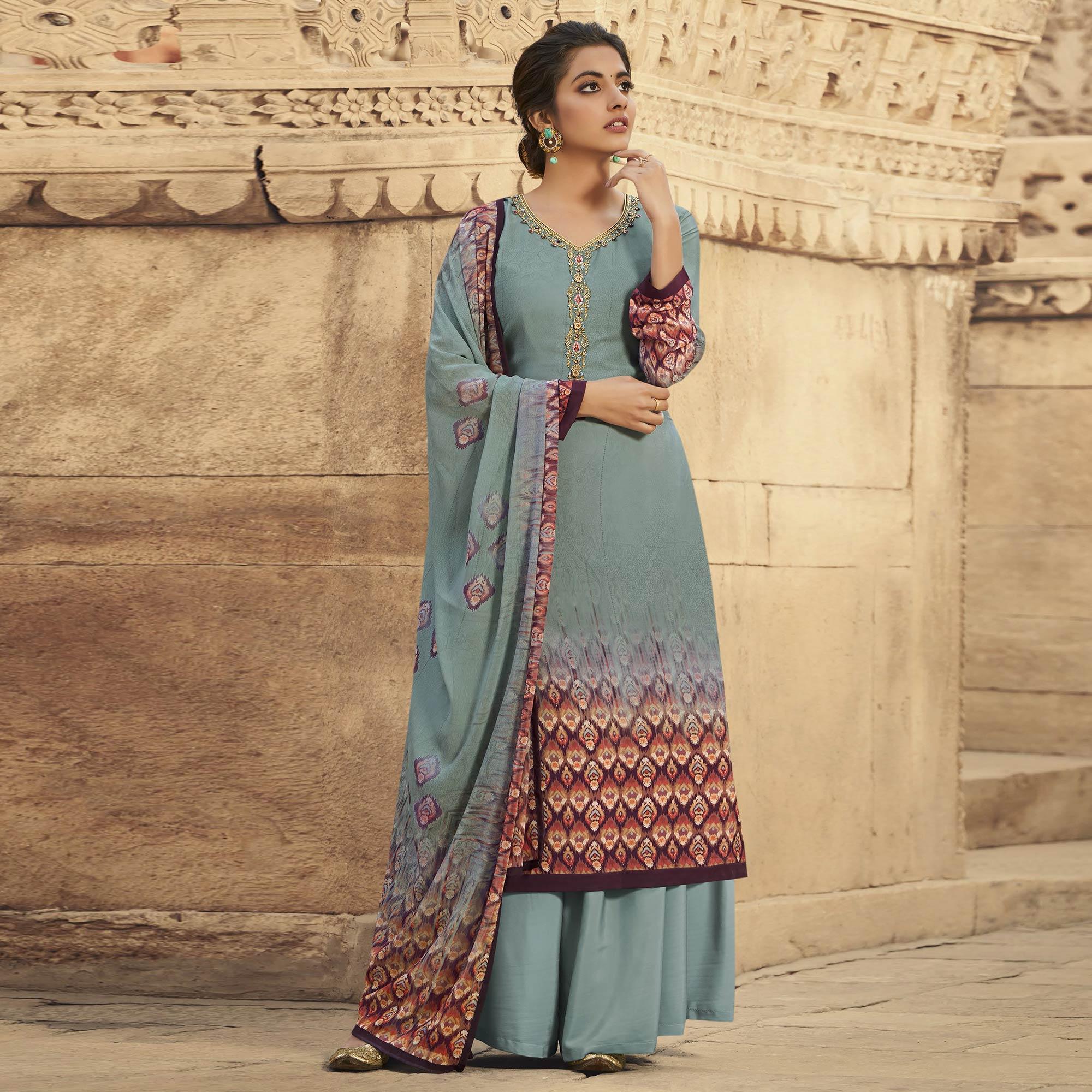 Grey Digital Printed Art Silk Palazzo Suit - Peachmode