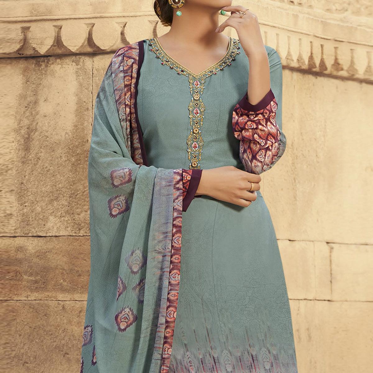Grey Digital Printed Art Silk Palazzo Suit - Peachmode
