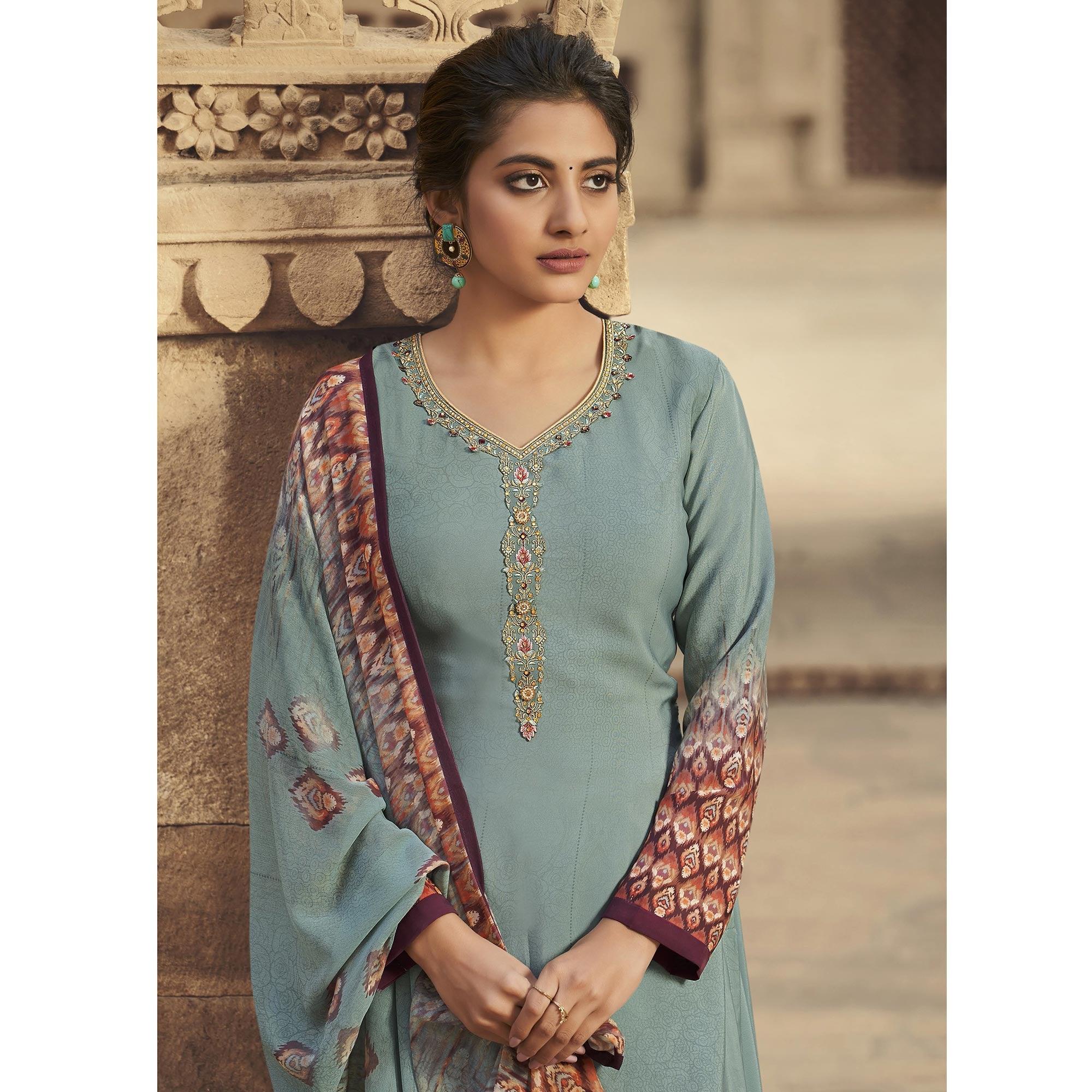 Grey Digital Printed Art Silk Palazzo Suit - Peachmode
