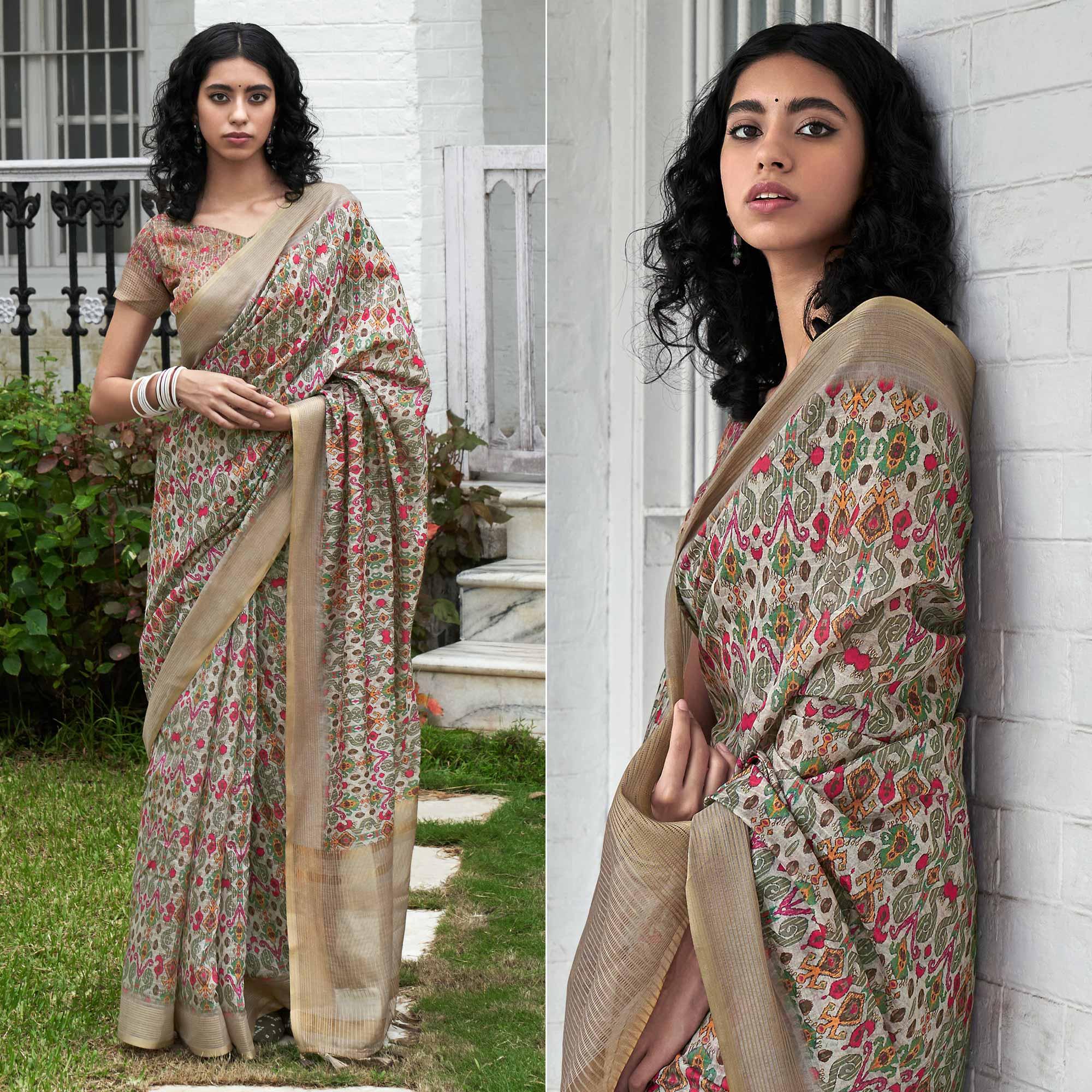 Grey Digital Printed Art Silk Saree - Peachmode