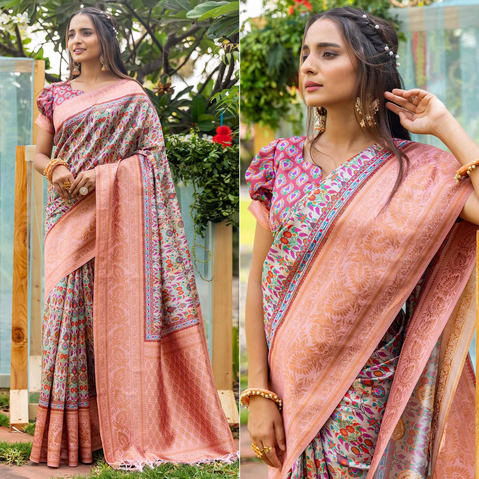 Grey Digital Printed Art Silk Saree - Peachmode