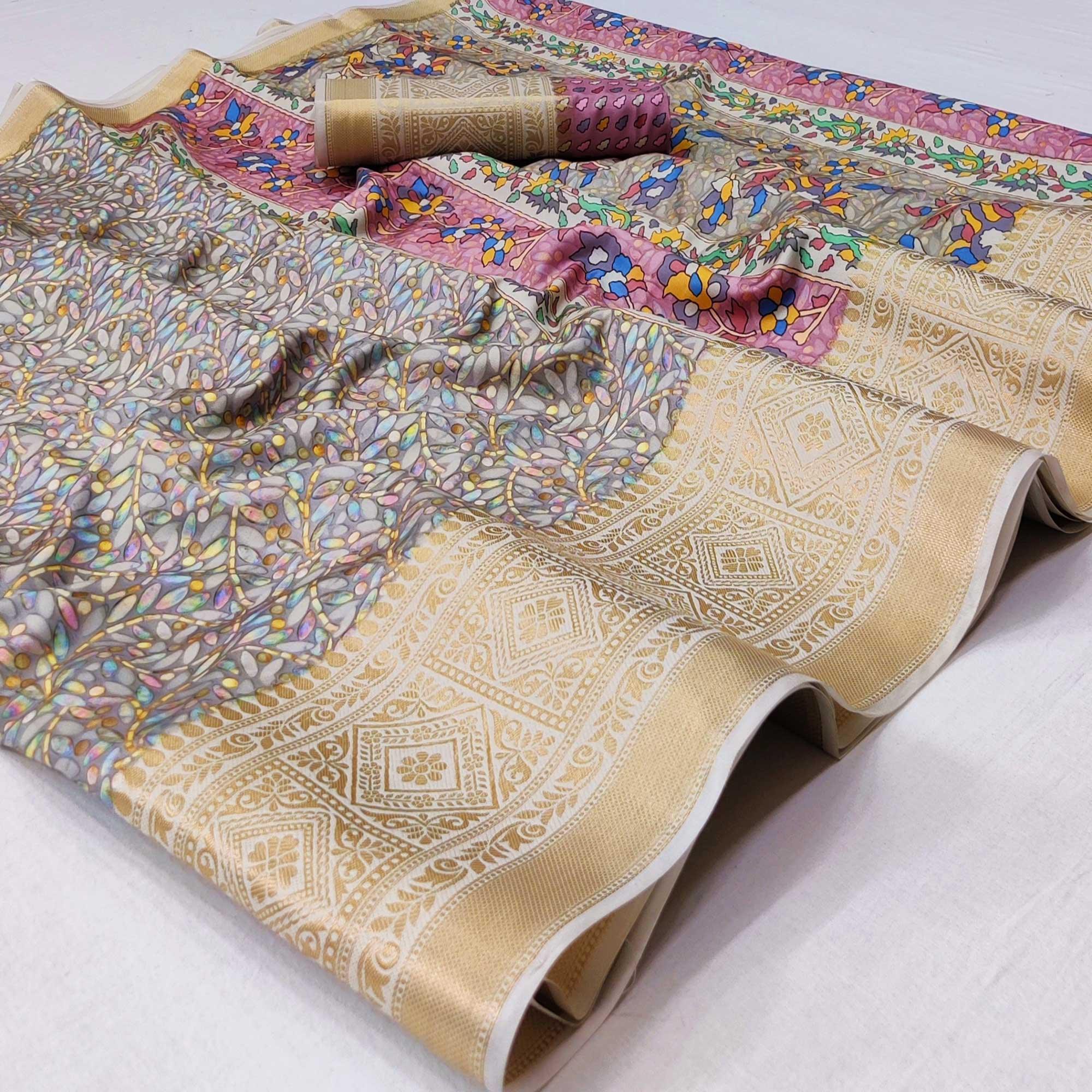 Grey Digital Printed Art Silk Saree - Peachmode