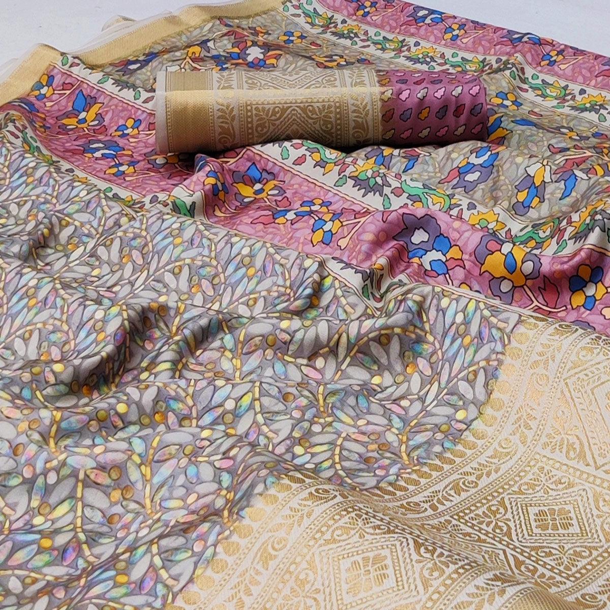 Grey Digital Printed Art Silk Saree - Peachmode