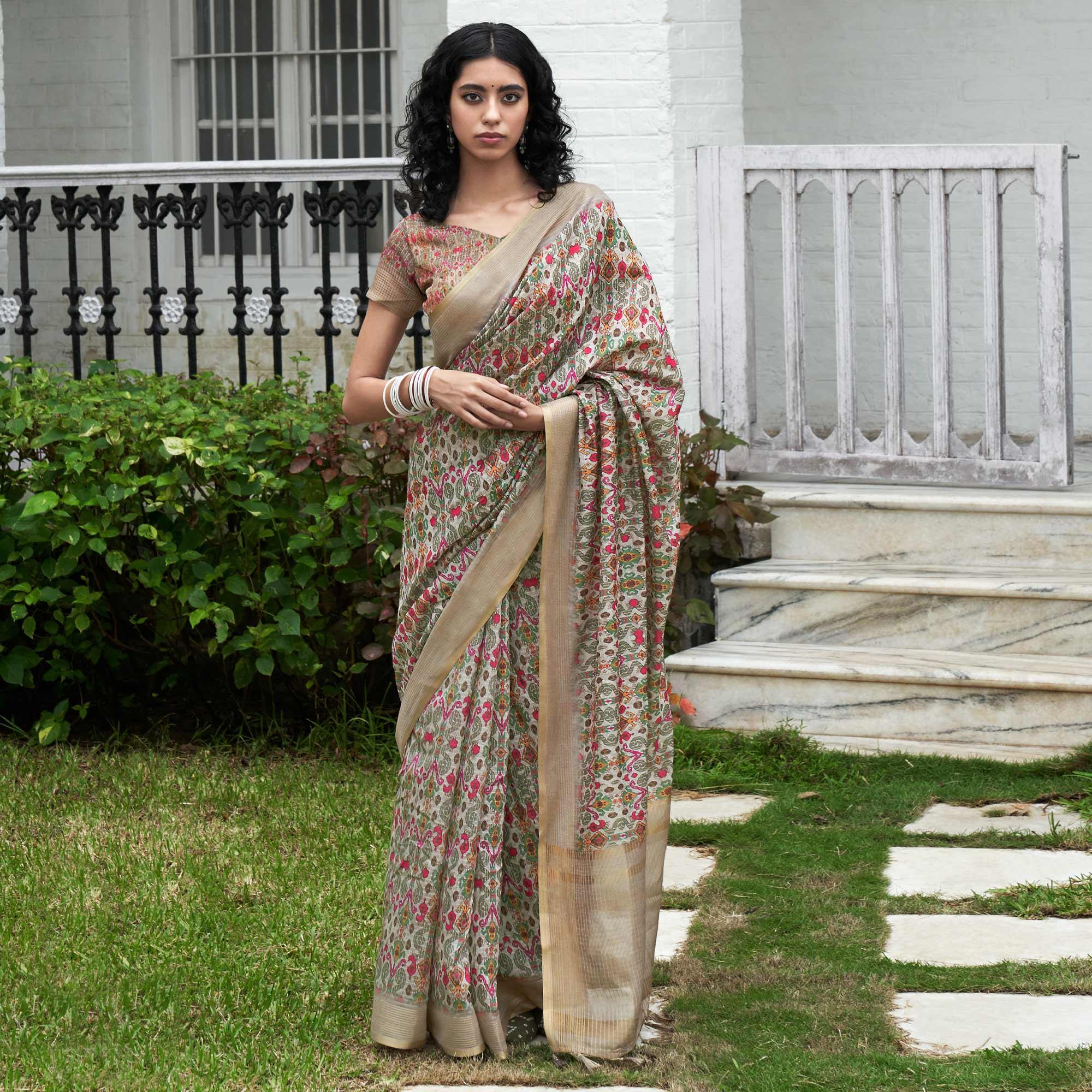 Grey Digital Printed Art Silk Saree - Peachmode