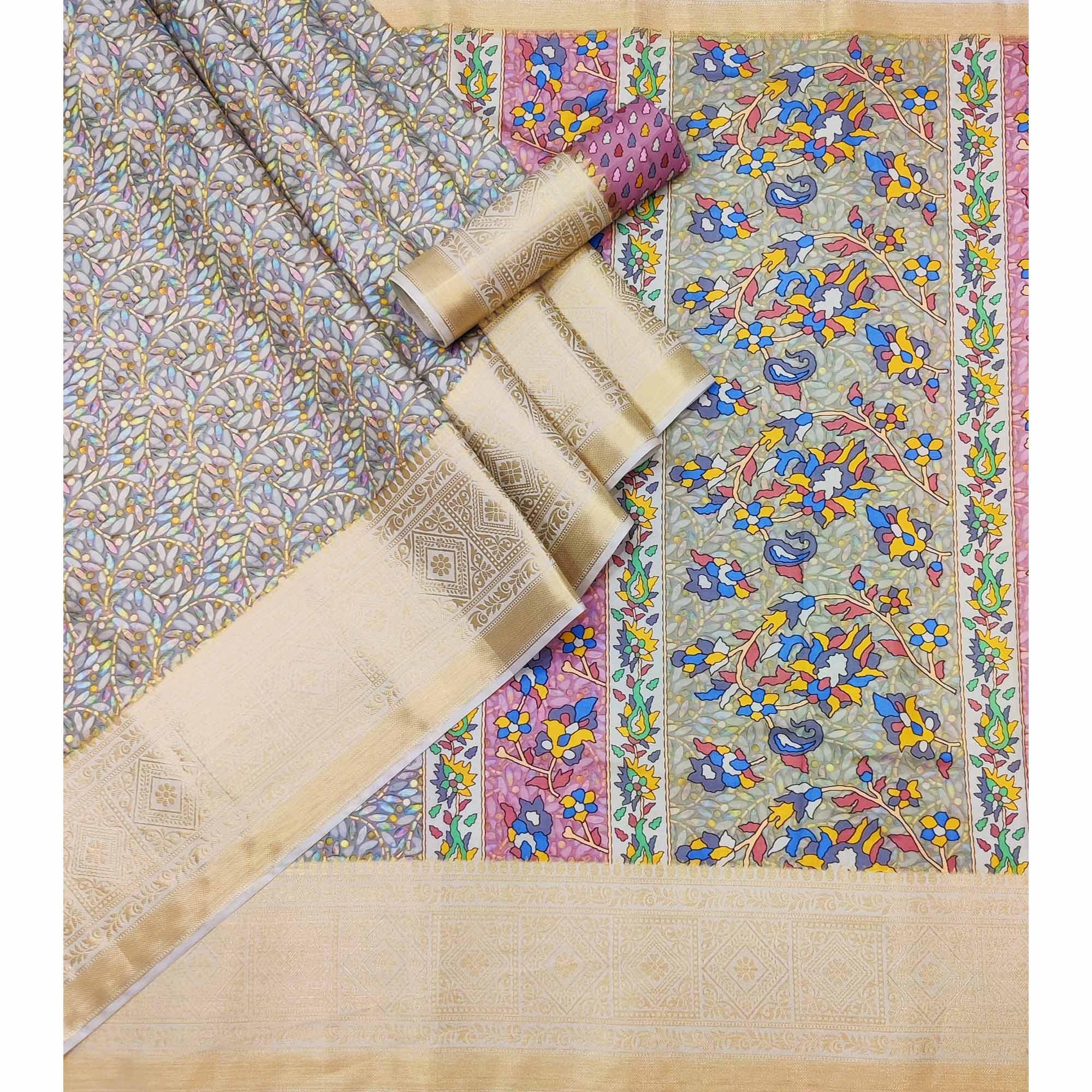 Grey Digital Printed Art Silk Saree - Peachmode