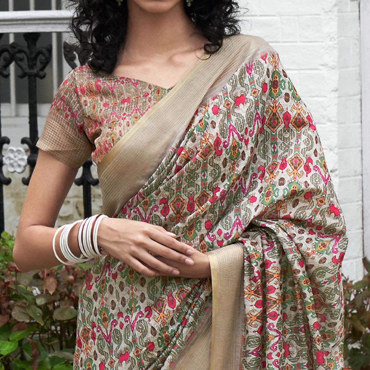 Grey Digital Printed Art Silk Saree - Peachmode