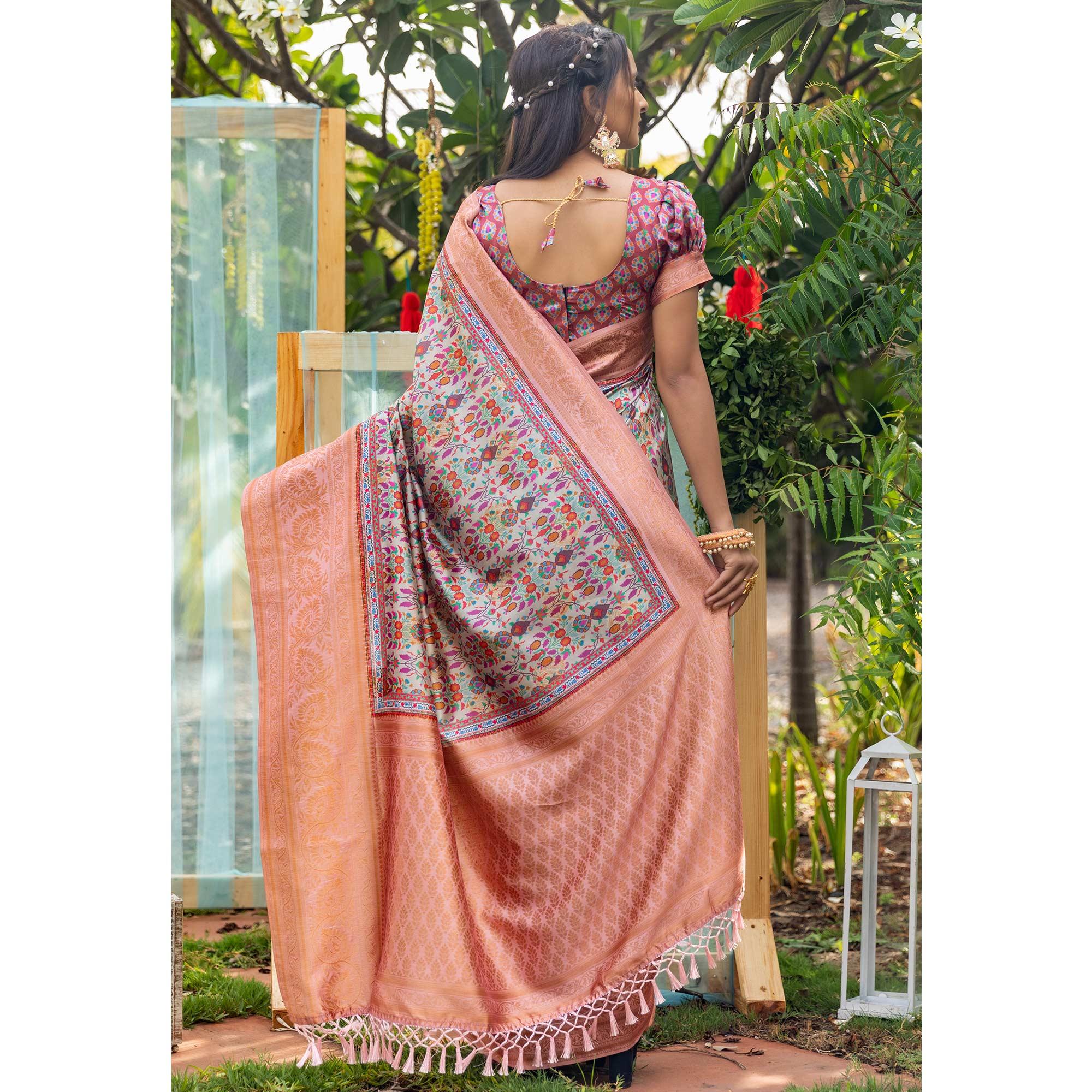 Grey Digital Printed Art Silk Saree - Peachmode