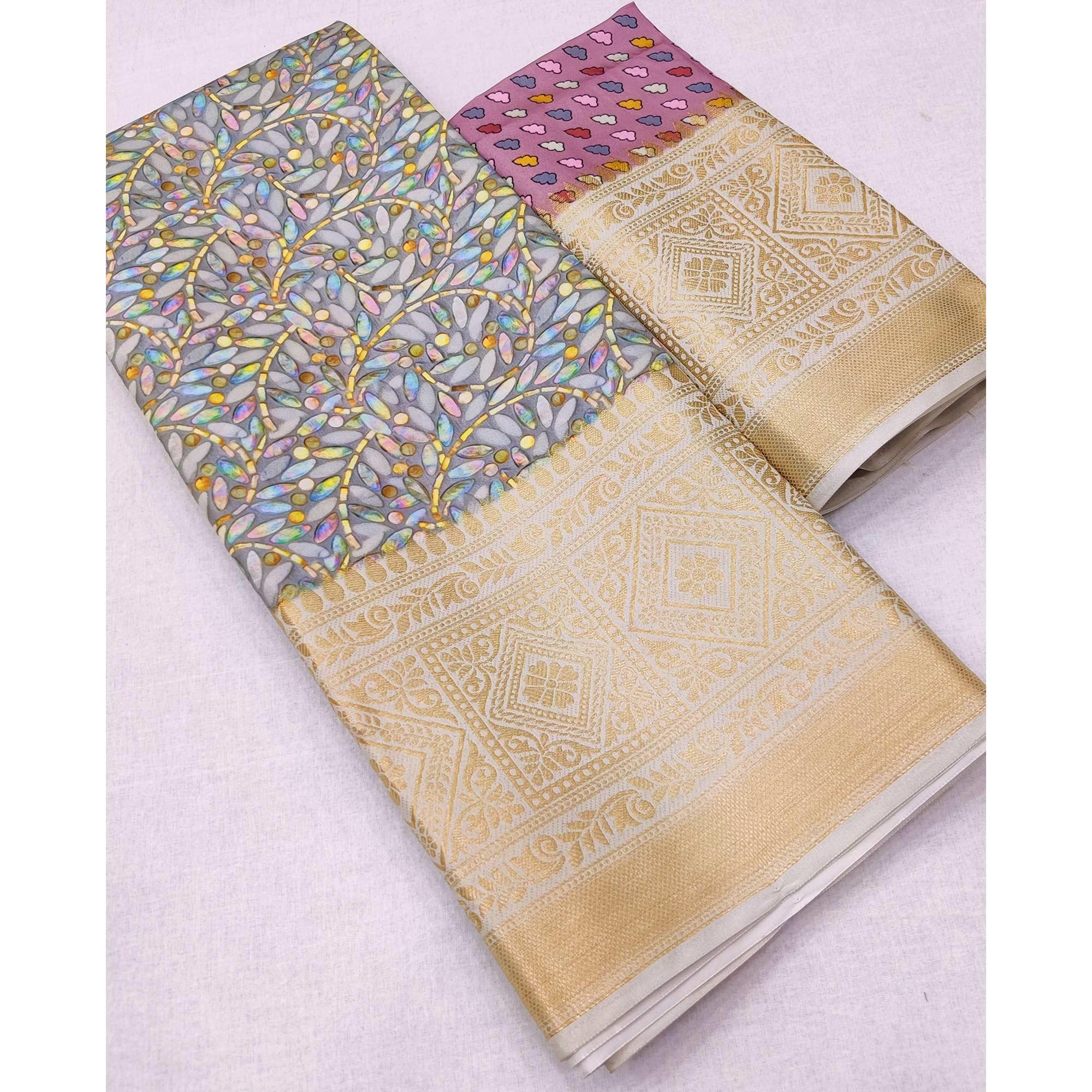 Grey Digital Printed Art Silk Saree - Peachmode