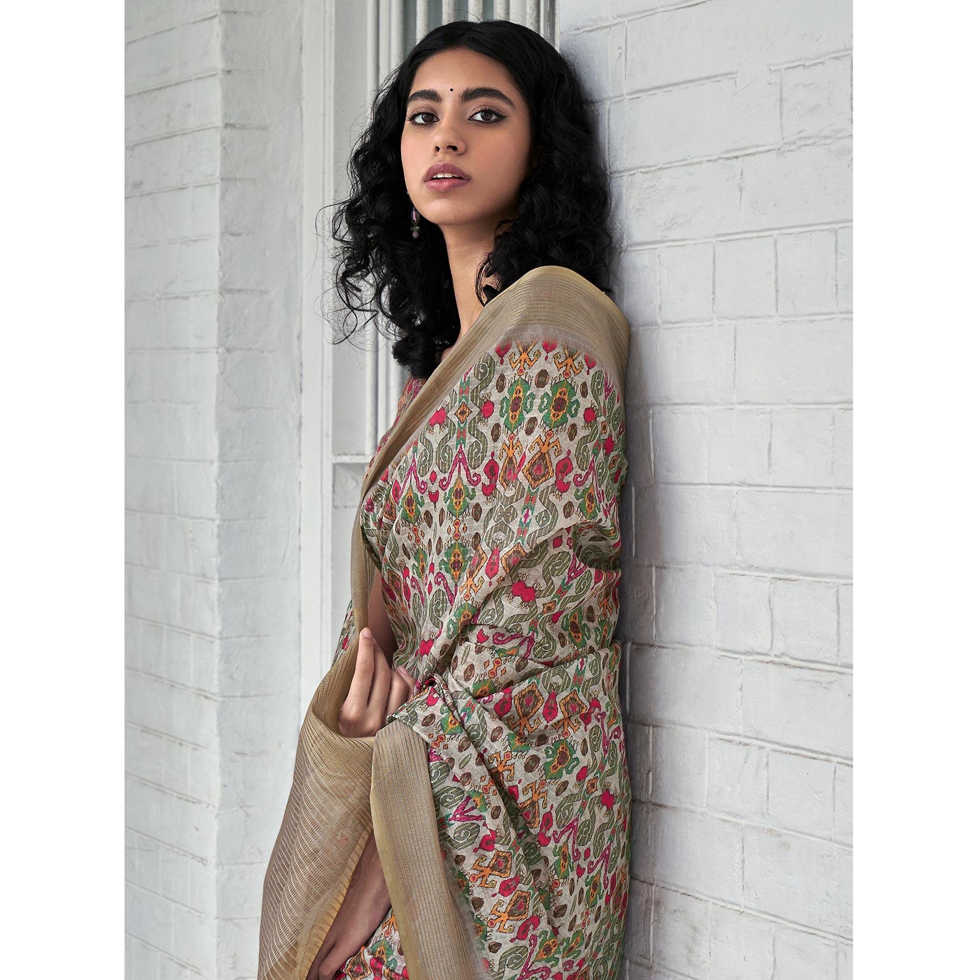 Grey Digital Printed Art Silk Saree - Peachmode