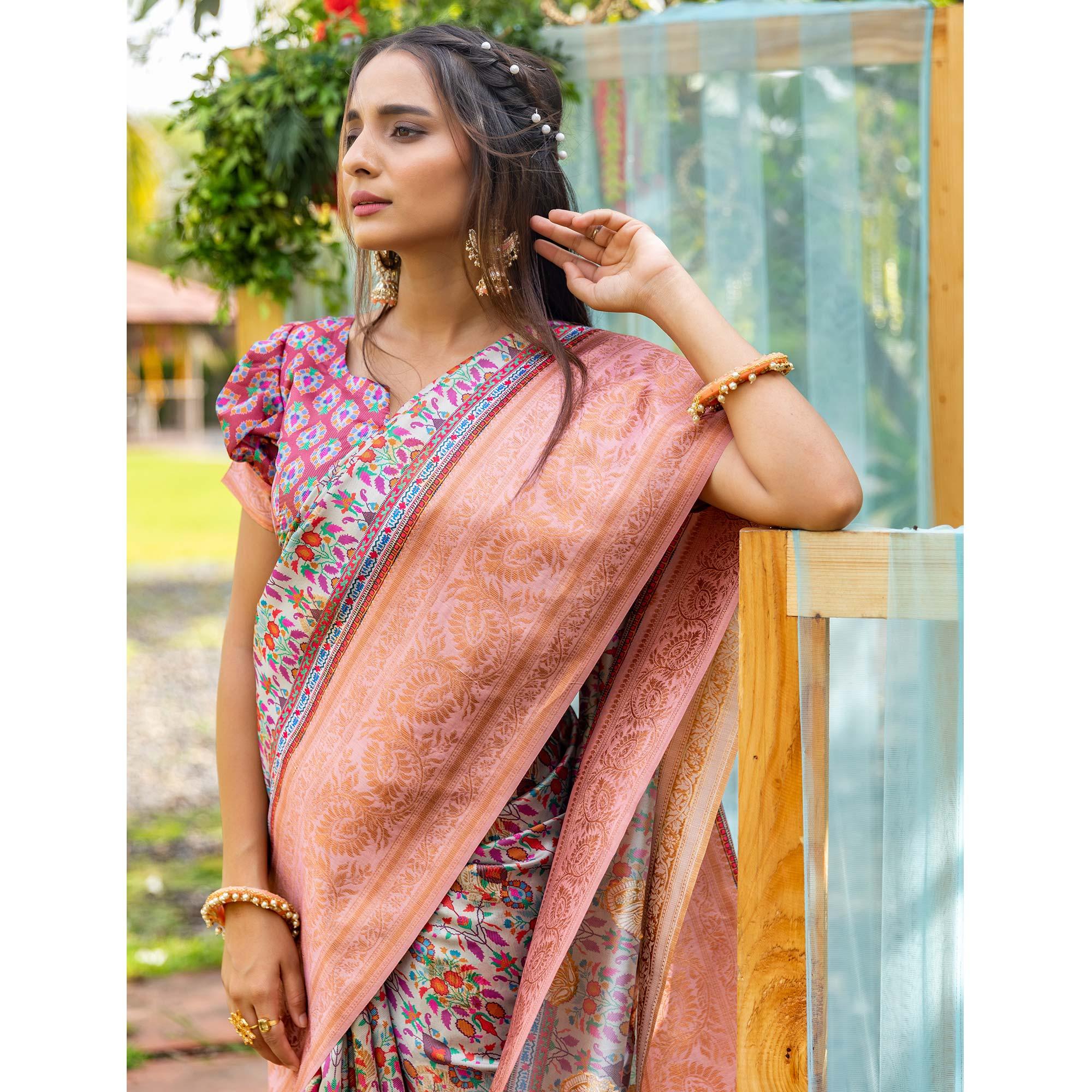 Grey Digital Printed Art Silk Saree - Peachmode