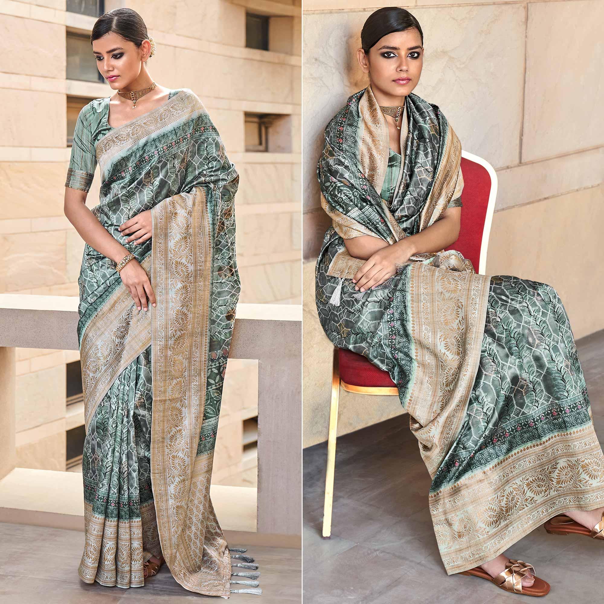Grey Digital Printed Art Silk Saree With Tassels - Peachmode