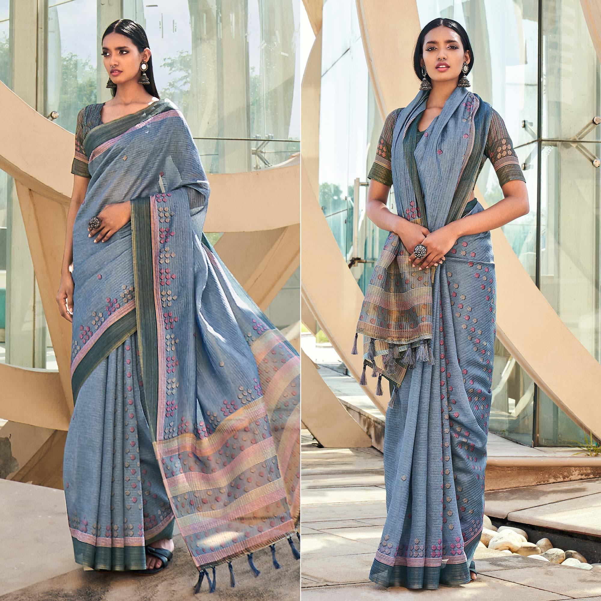 Grey Digital Printed Art Silk Saree With Tassels - Peachmode