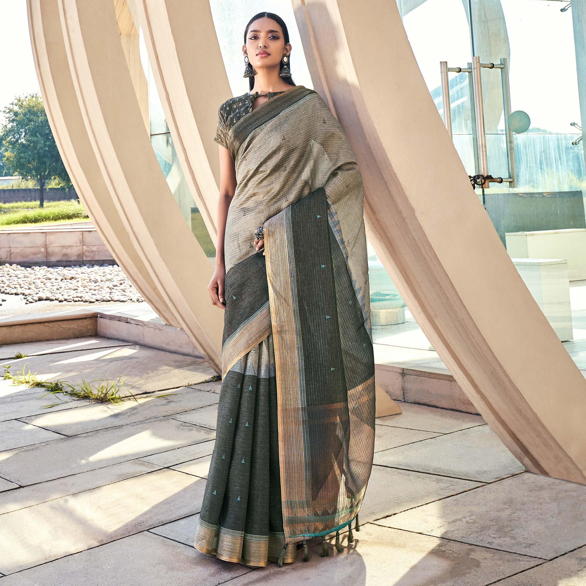 Grey Digital Printed Art Silk Saree With Tassels - Peachmode