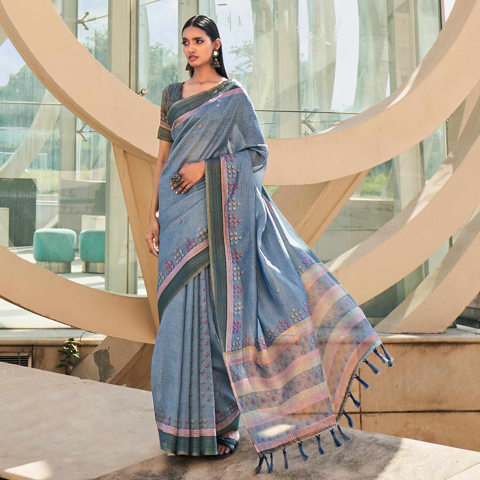 Grey Digital Printed Art Silk Saree With Tassels - Peachmode