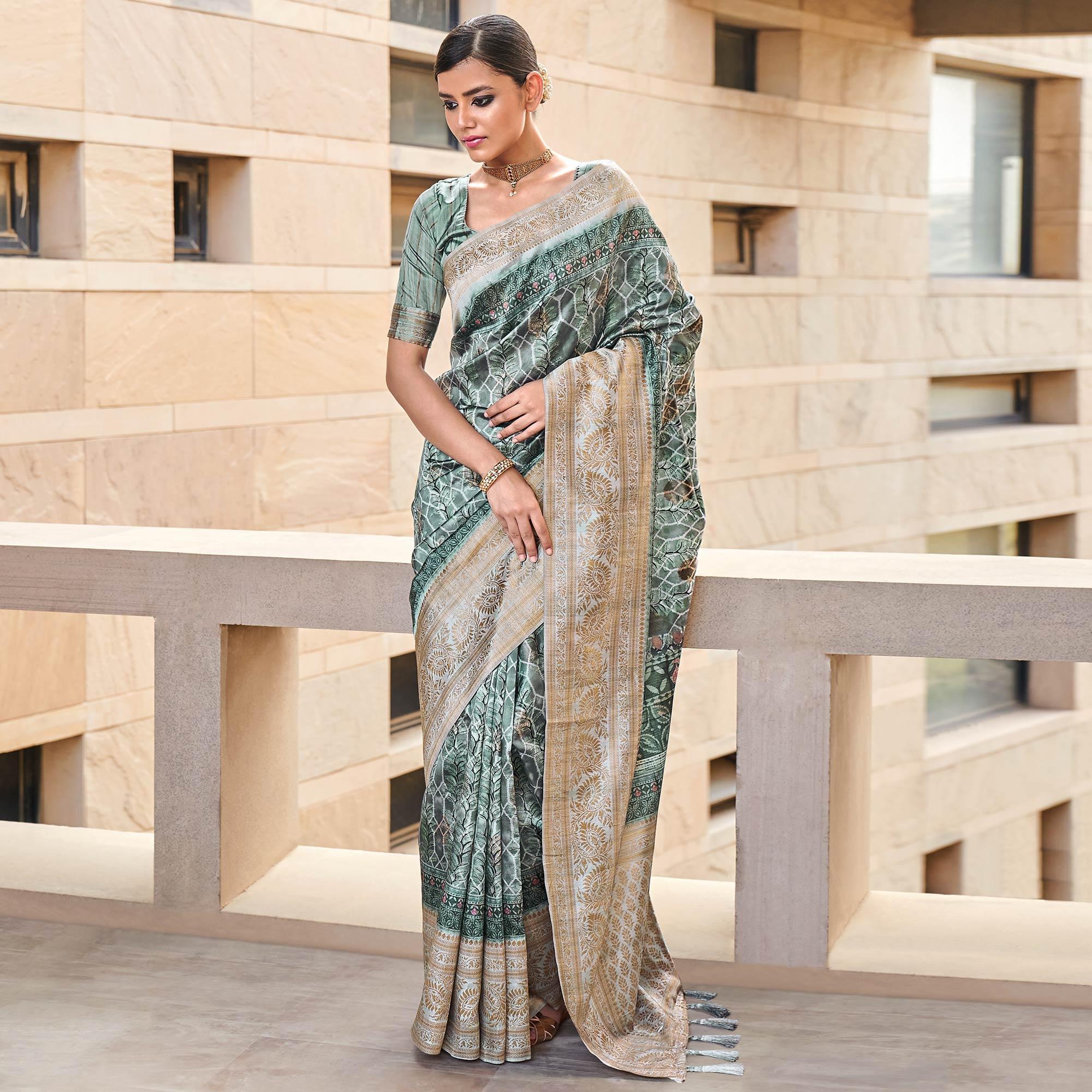 Grey Digital Printed Art Silk Saree With Tassels - Peachmode