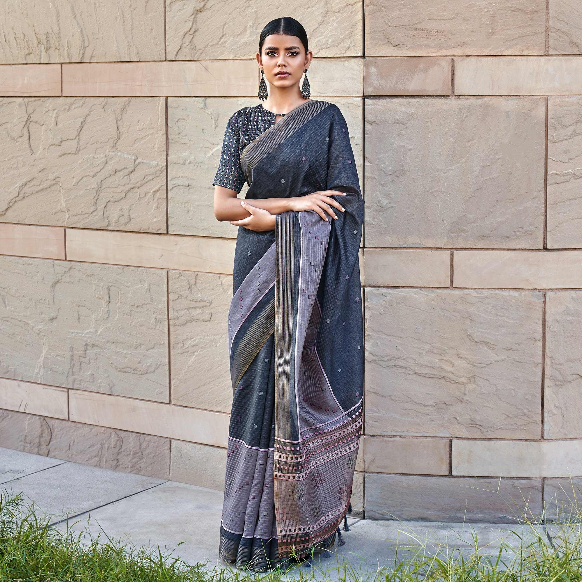 Grey Digital Printed Art Silk Saree With Tassels - Peachmode
