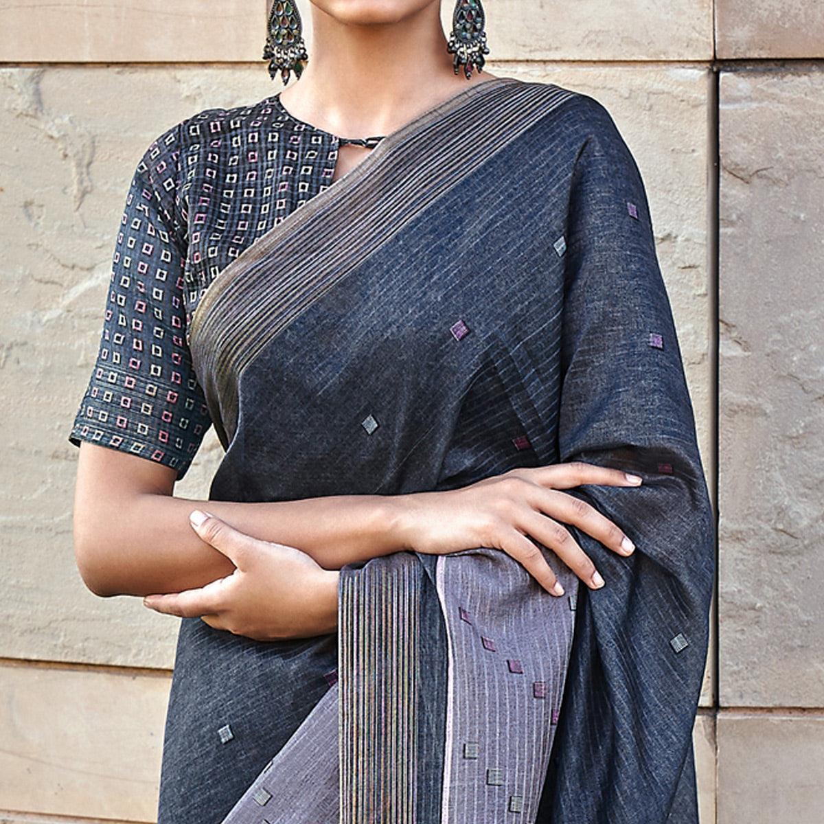 Grey Digital Printed Art Silk Saree With Tassels - Peachmode