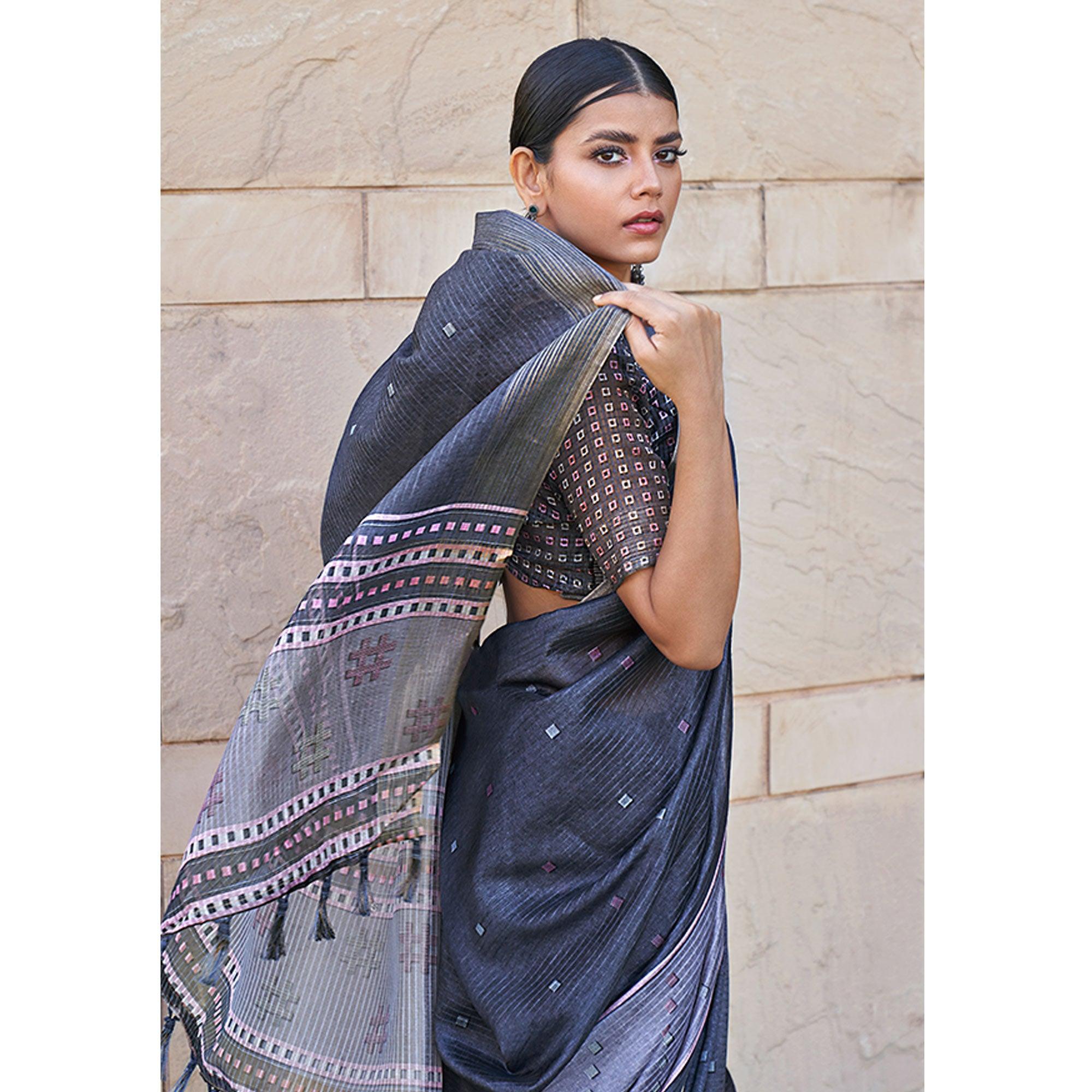 Grey Digital Printed Art Silk Saree With Tassels - Peachmode
