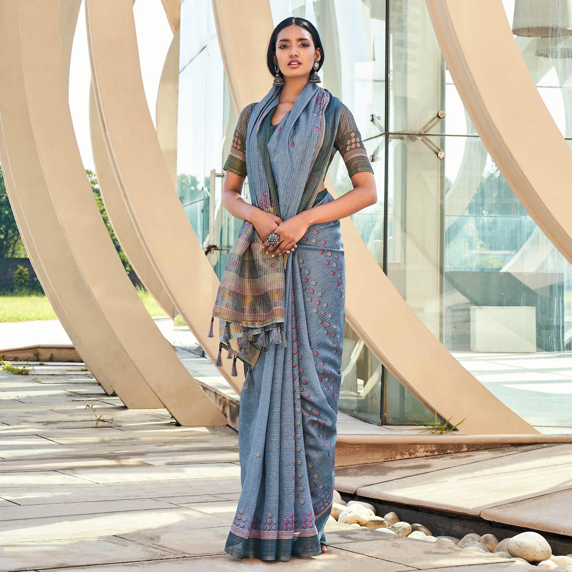 Grey Digital Printed Art Silk Saree With Tassels - Peachmode