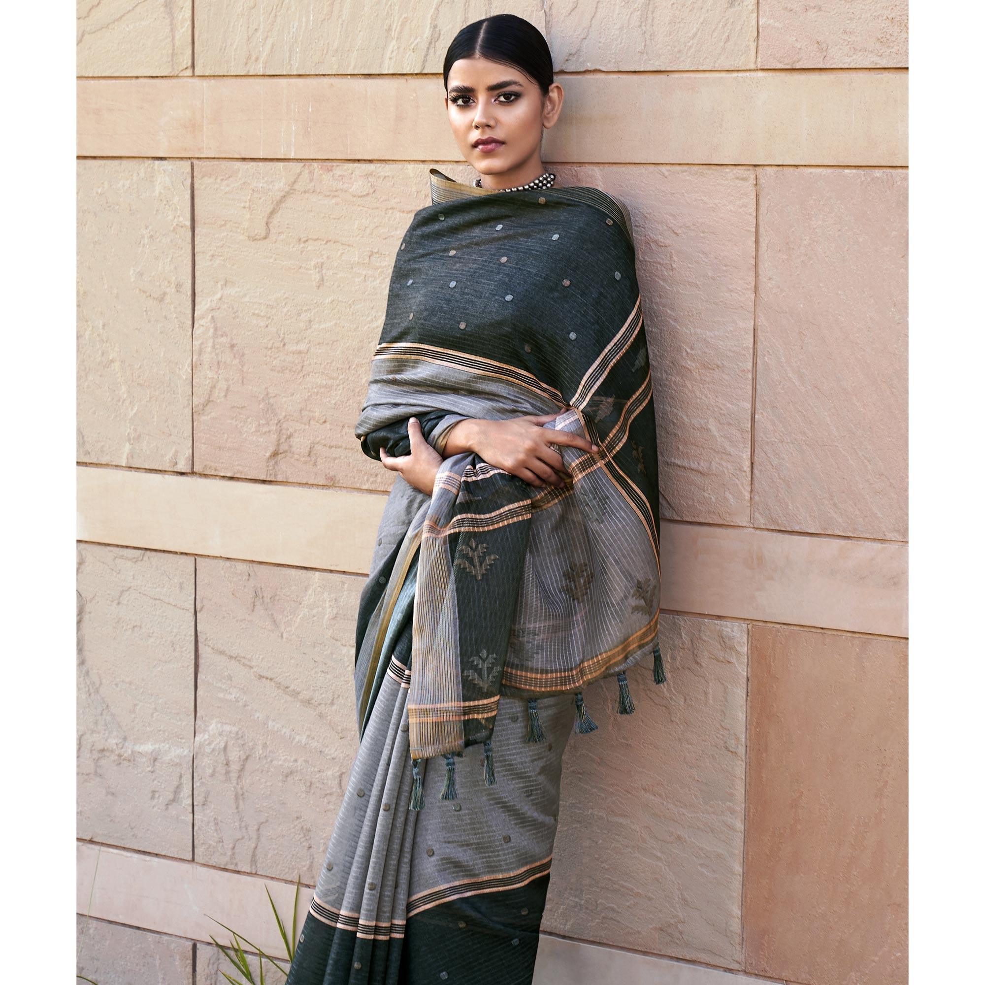 Grey Digital Printed Art Silk Saree With Tassels - Peachmode