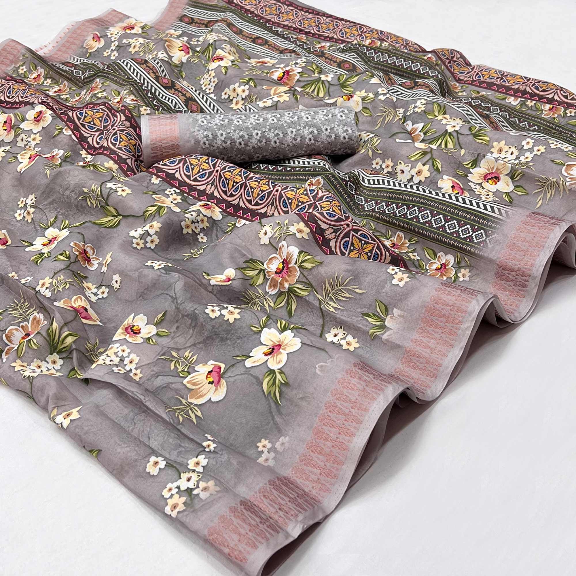 Grey Digital Printed Cotton Silk Saree - Peachmode