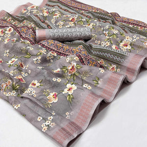 Grey Digital Printed Cotton Silk Saree - Peachmode