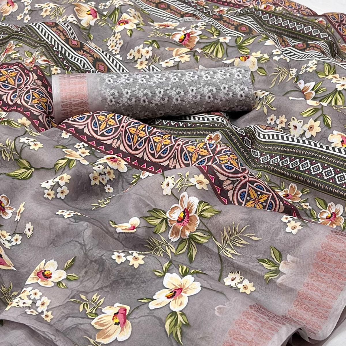 Grey Digital Printed Cotton Silk Saree - Peachmode