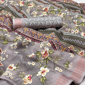 Grey Digital Printed Cotton Silk Saree - Peachmode