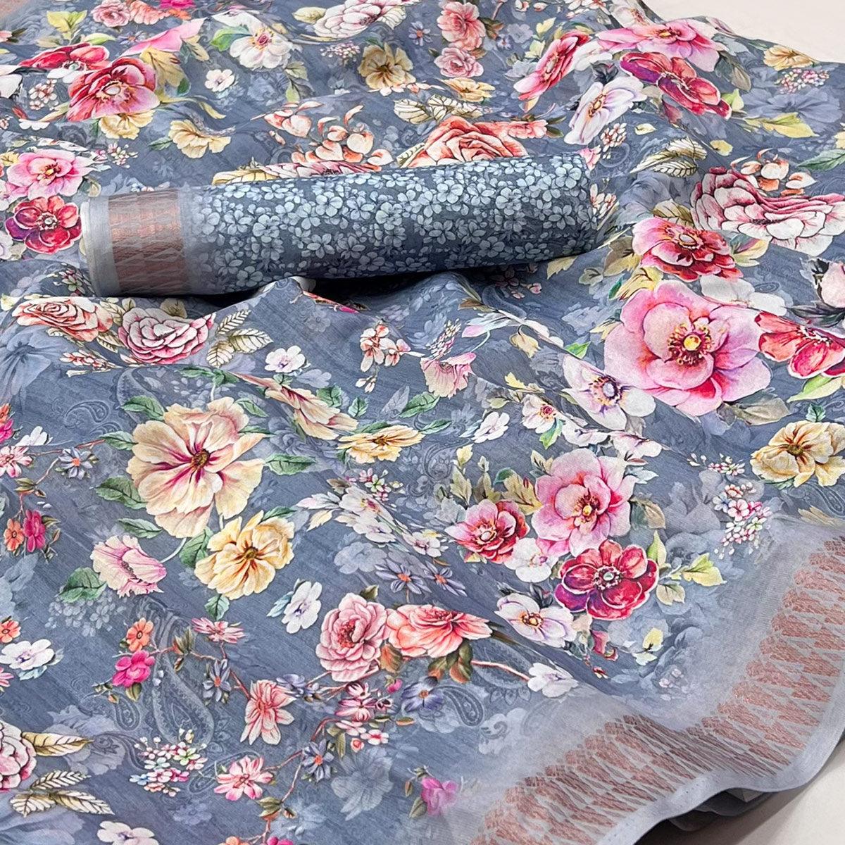Grey Digital Printed Cotton Silk Saree - Peachmode