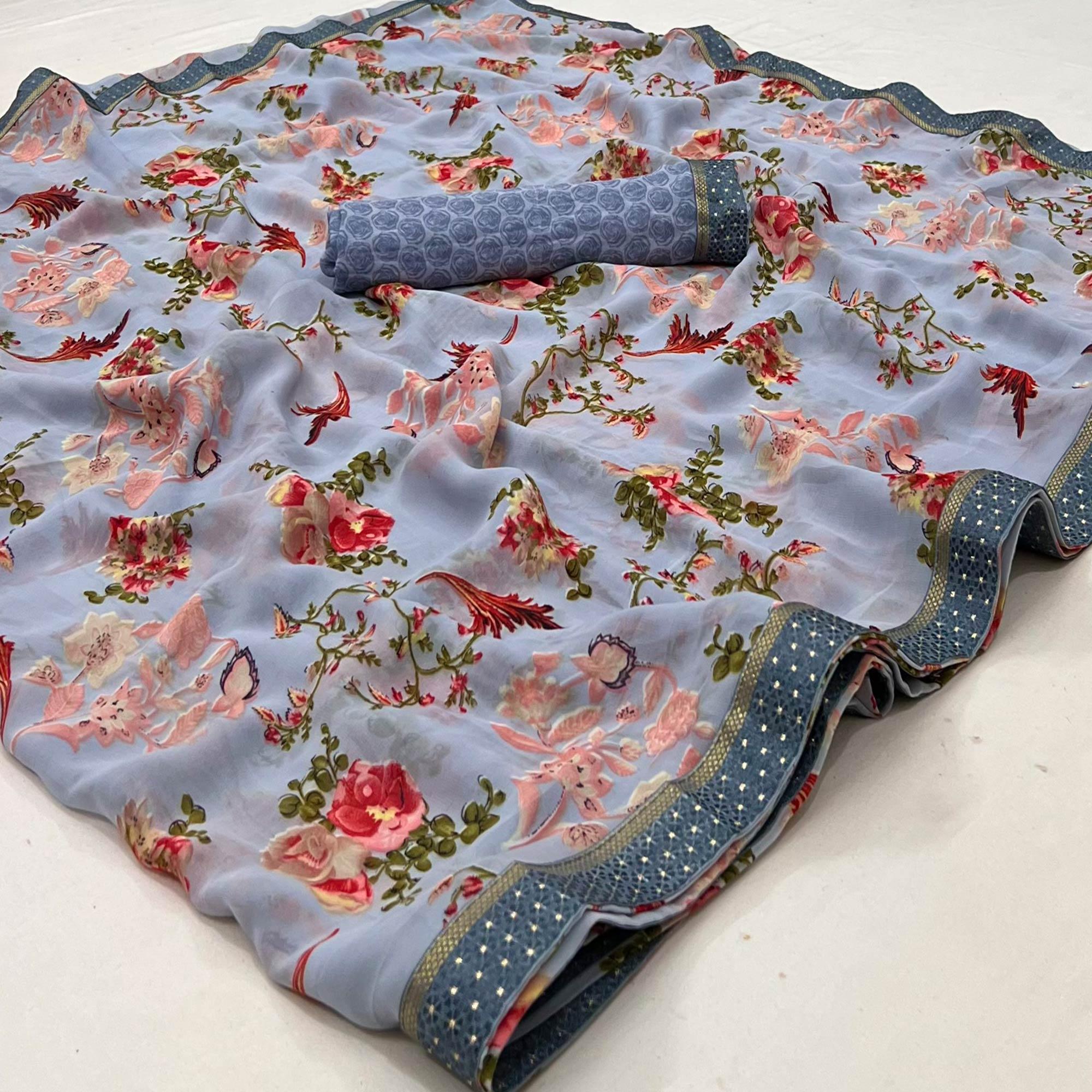 Grey Digital Printed Georgette Saree - Peachmode